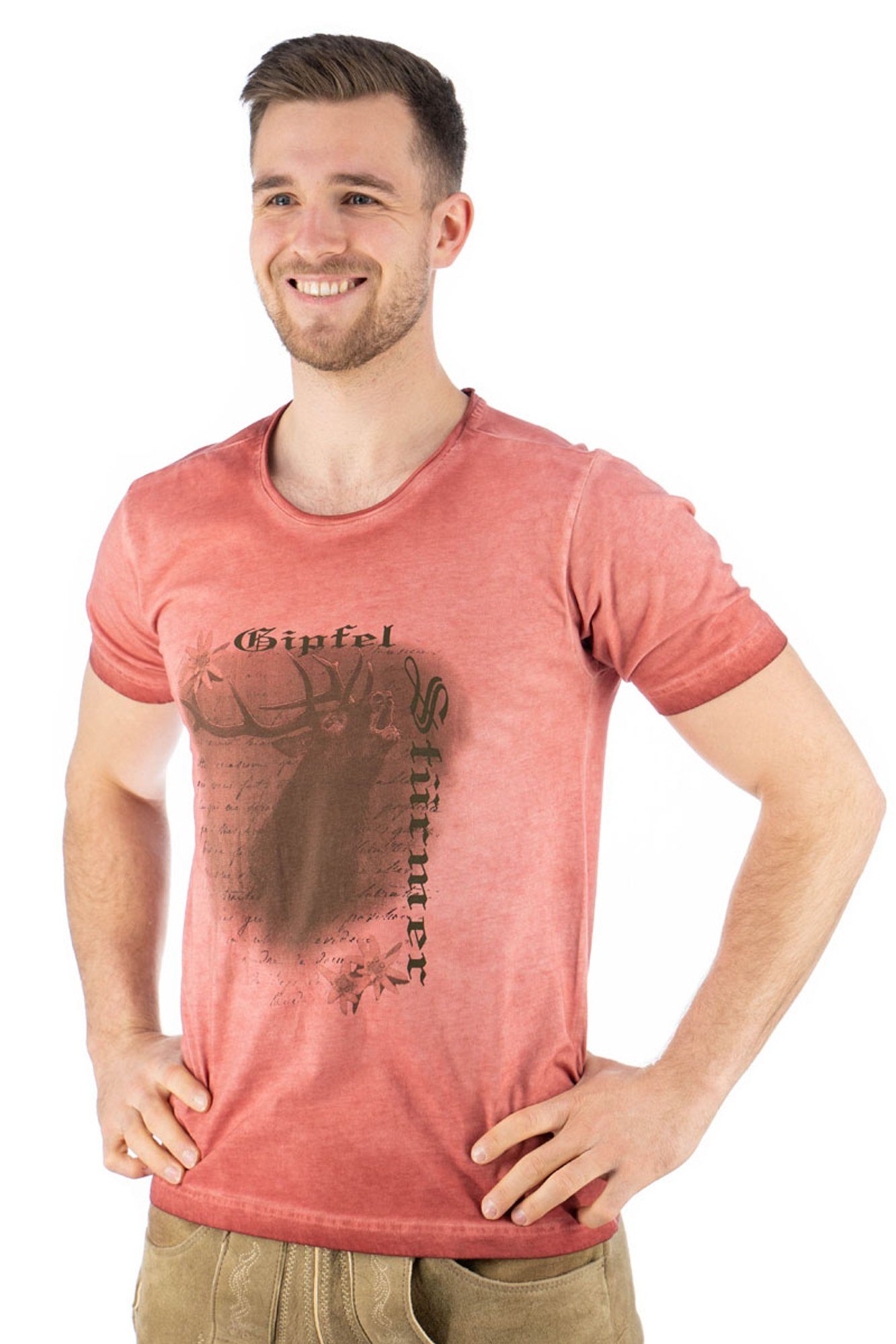 OS-Trachten Trachtenshirt Lyusop Kurzarm T-Shirt mit Motivdruck weinrot