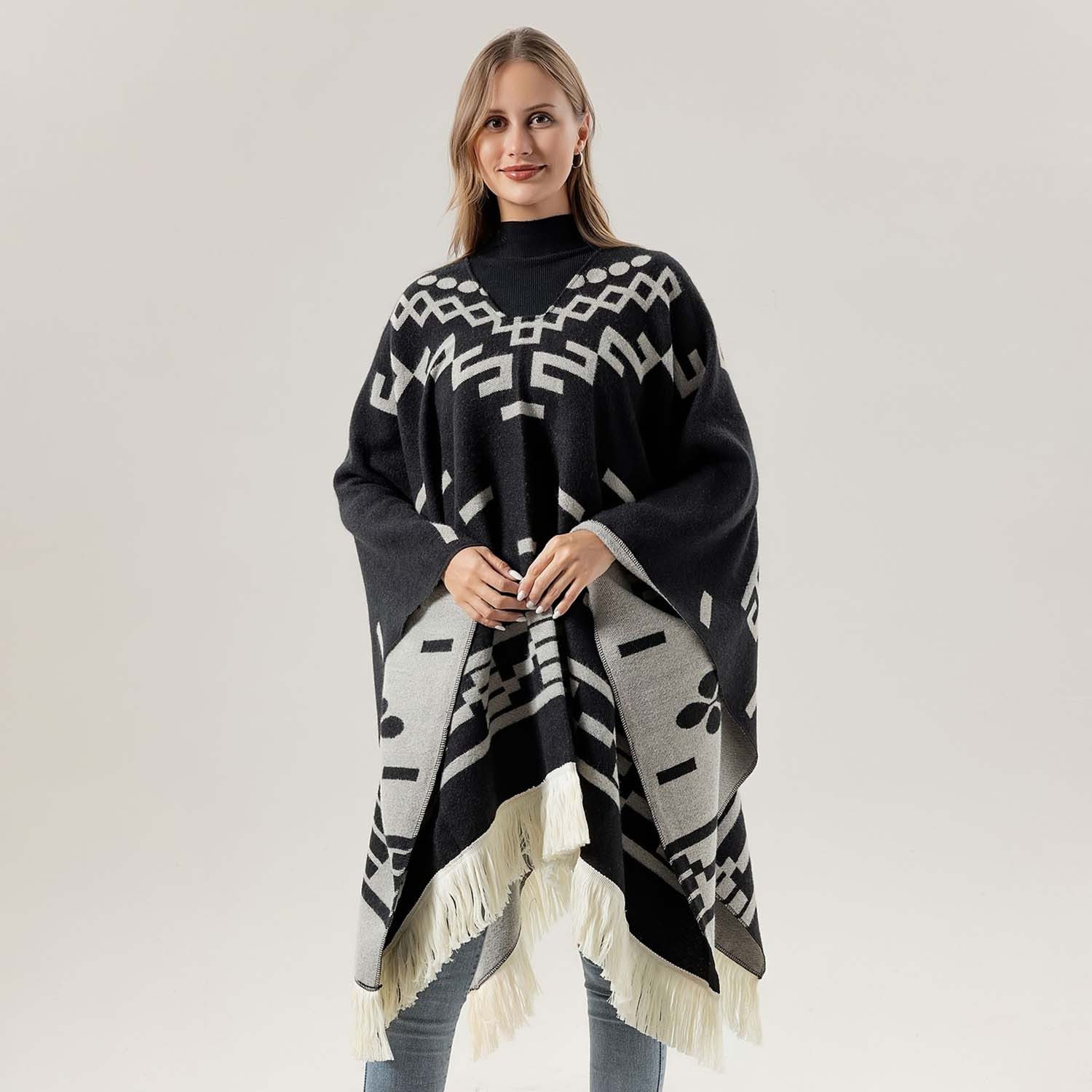 nsihing Poncho Umhang im Western-Cowboy-Stil, Reisecape mit Fransen, warmes Überwurf