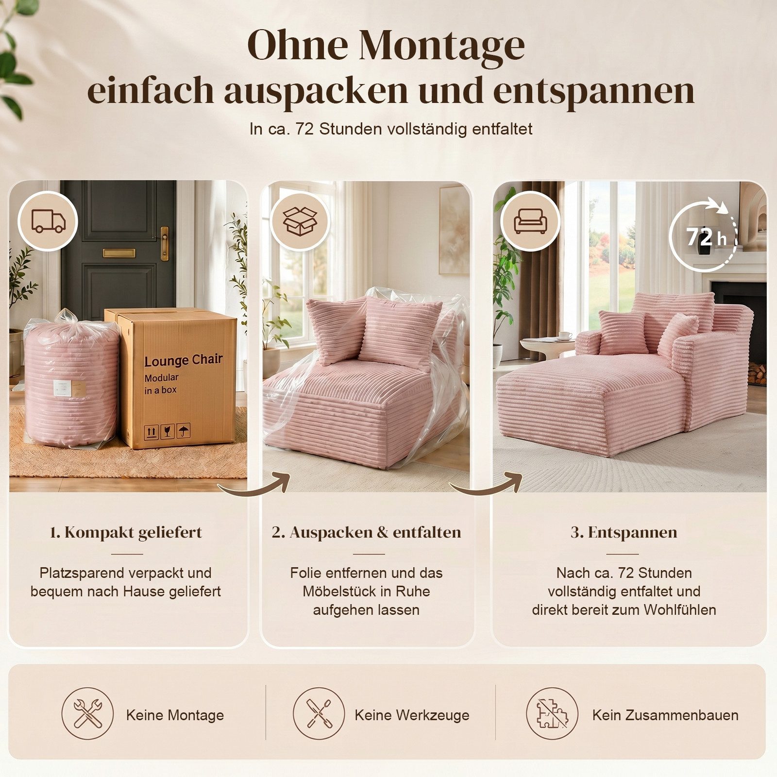 ANYSUN Loungesofa Modernes Chaiselongue-Sofa,Cord-Schlafsofa, 2 Kissen,Relaxsessel Cord, ohne Montage mit Taschenfederkern & Schaumstoffpolsterung,Loungesofa, L – Bild 5 von 5