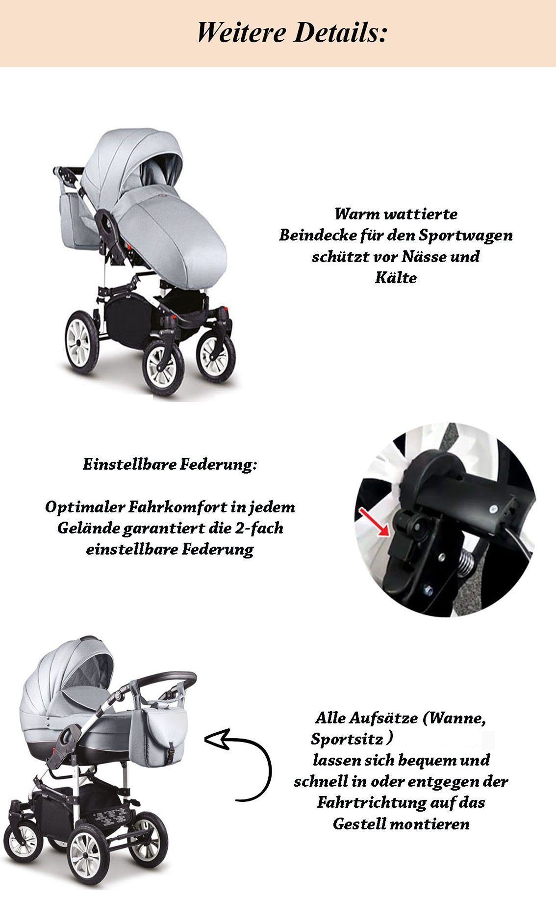 1 Kombi-Kinderwagen babies-on-wheels 13 Cosmo - in 16 2 Teile Farben Dunkelgrau-Weiß - Kinderwagen-Set in