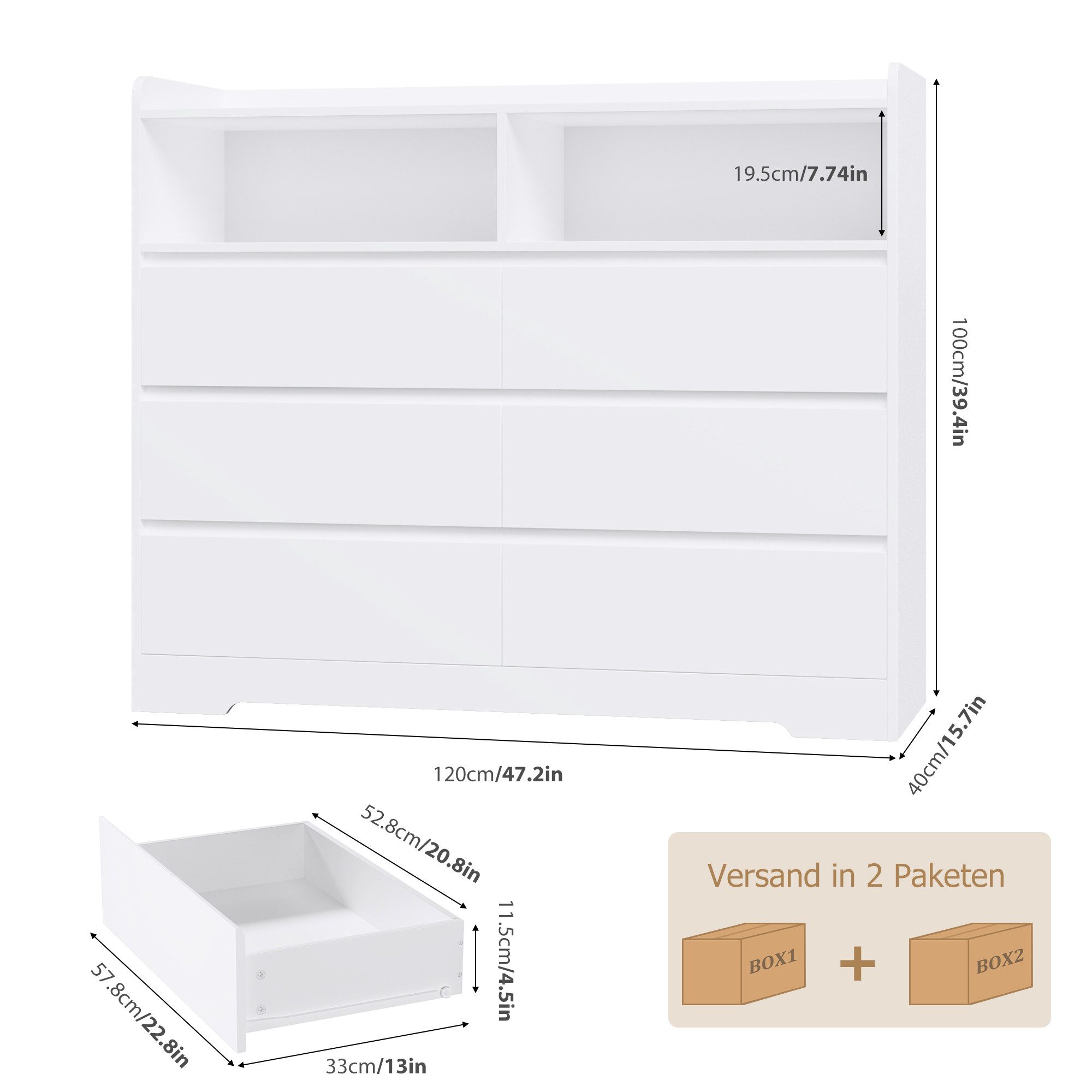 Homfa Kommode Sideboard Komodenschrank, mit 6 Schubladen und 2 offenen Fächern, Breite 120cm Höhe 100cm