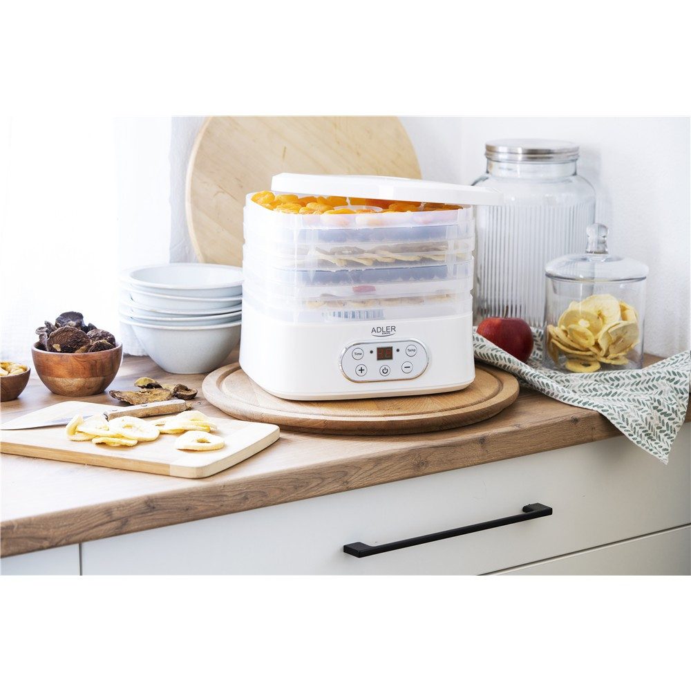 ADLER EUROPE Dehydrator AD 6658 Dörrautomat, Dörrgerät mit Timer, Lebensmittel Dehydrator 550 W, 5 Etagen, 35-70 °C, Obst, Gemüse, Pilze, Kräuter & Fleisch, Weiß