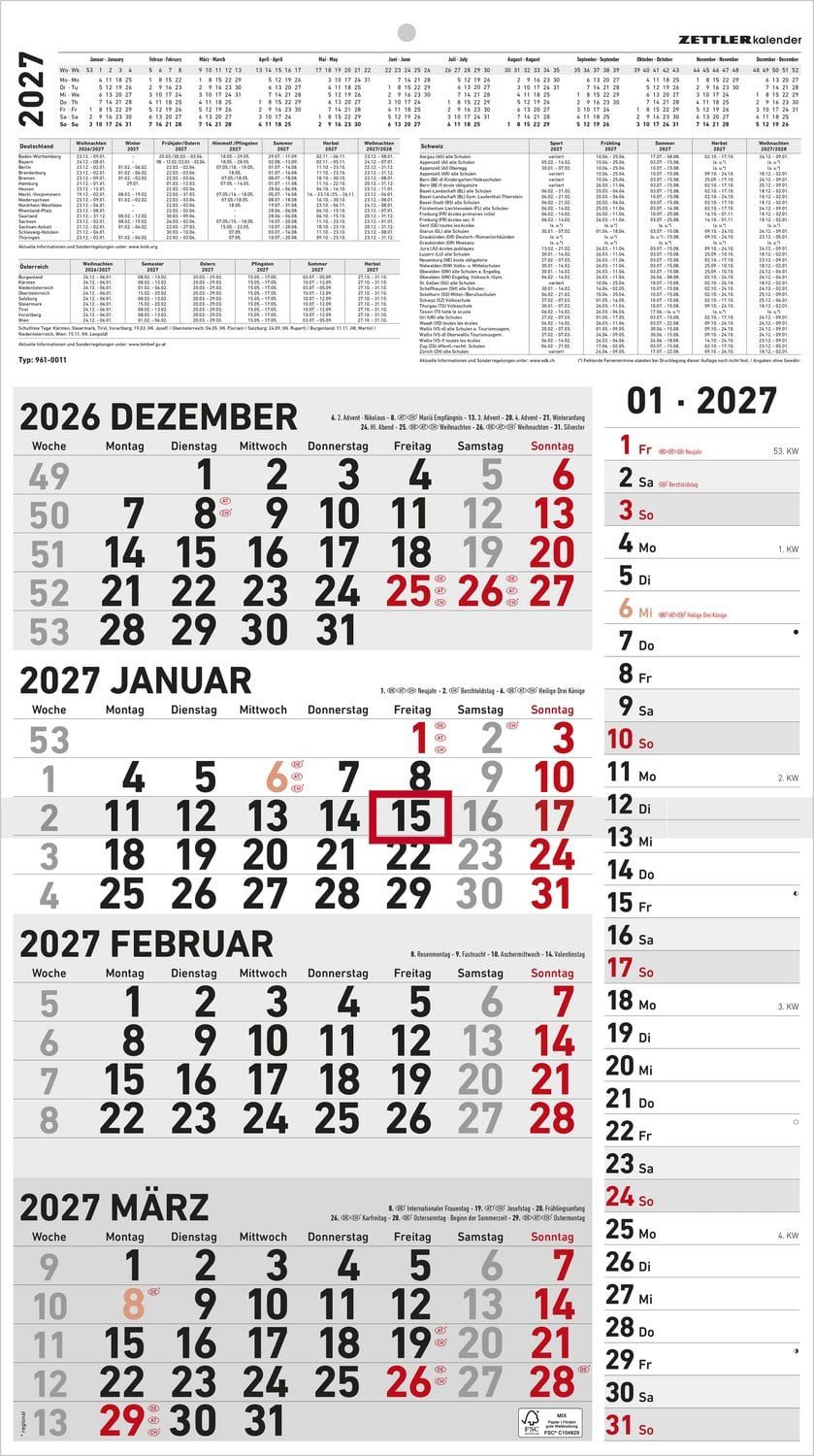 NEUMANN Wandkalender 4-Monatskalender Kombi 2027
