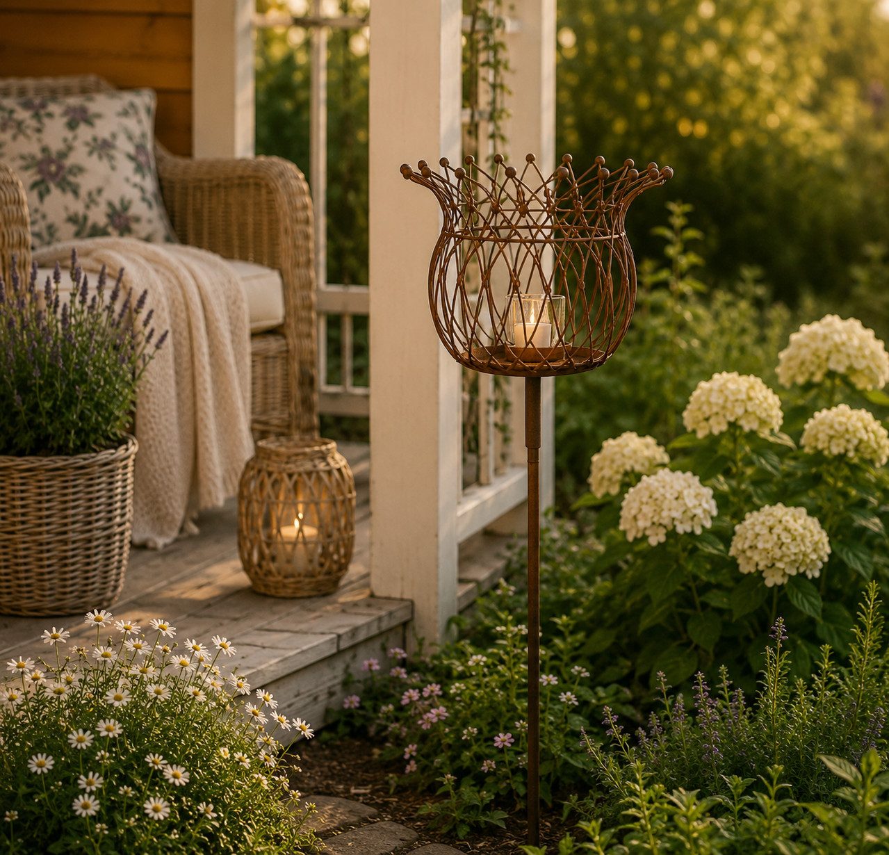finehomegarden Gartenstecker Korb am Stab Pflanzkorb Metall Ø19,5cm H132cm braun rostfarbend (1-St) Pflanzschale Shabby Gartendeko Pflanztopf Rankstab / Paket