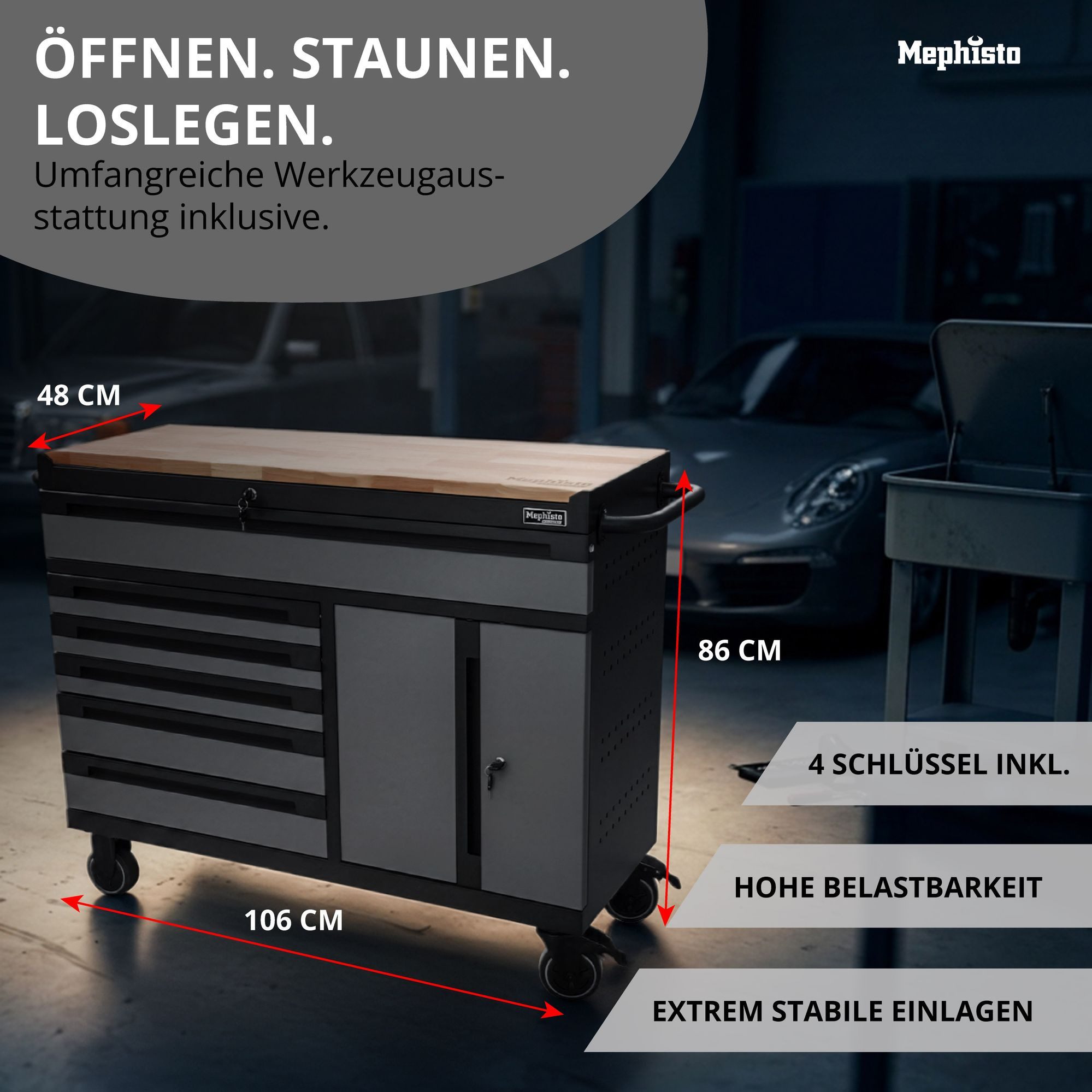 Mephisto-Tools Werkzeugwagen, (fertig montiert und bestückt), 6 Schubladen bis zu 40 kg belastbar & 1 Doppeltür, 4 Schlüssel inkl.
