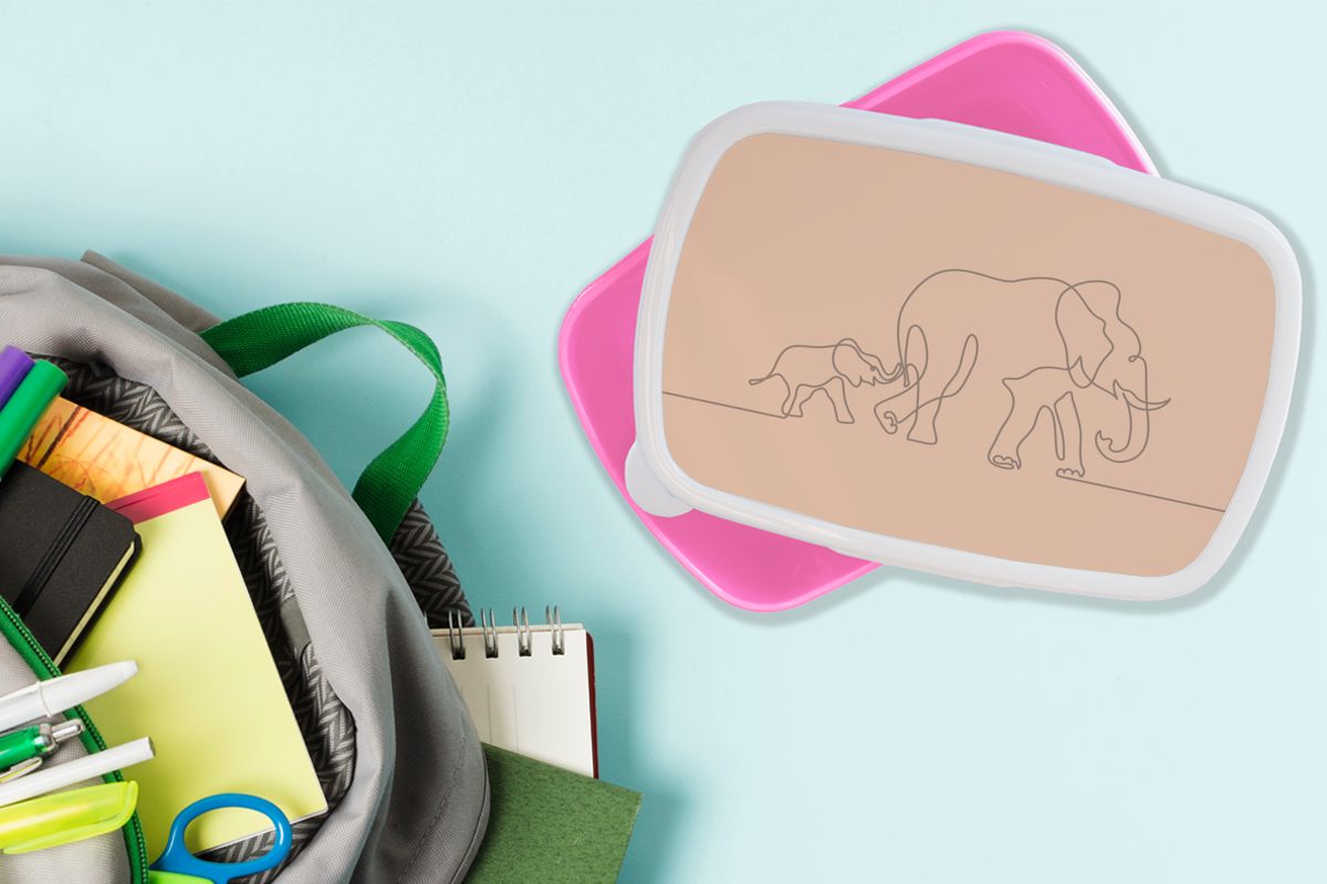 Erwachsene, - Kinder, MuchoWow rosa Minimalismus (2-tlg), Brotbox - Lunchbox Snackbox, Brotdose Elefant Kunststoff für Kunststoff, Mädchen, Braun,