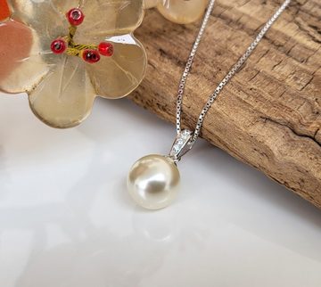 Schöner-SD Kette mit Anhänger Perlenanhänger mit 925 Silber Kette Perle 12mm groß rund Zirkonia, mit Zirkonia (synth)