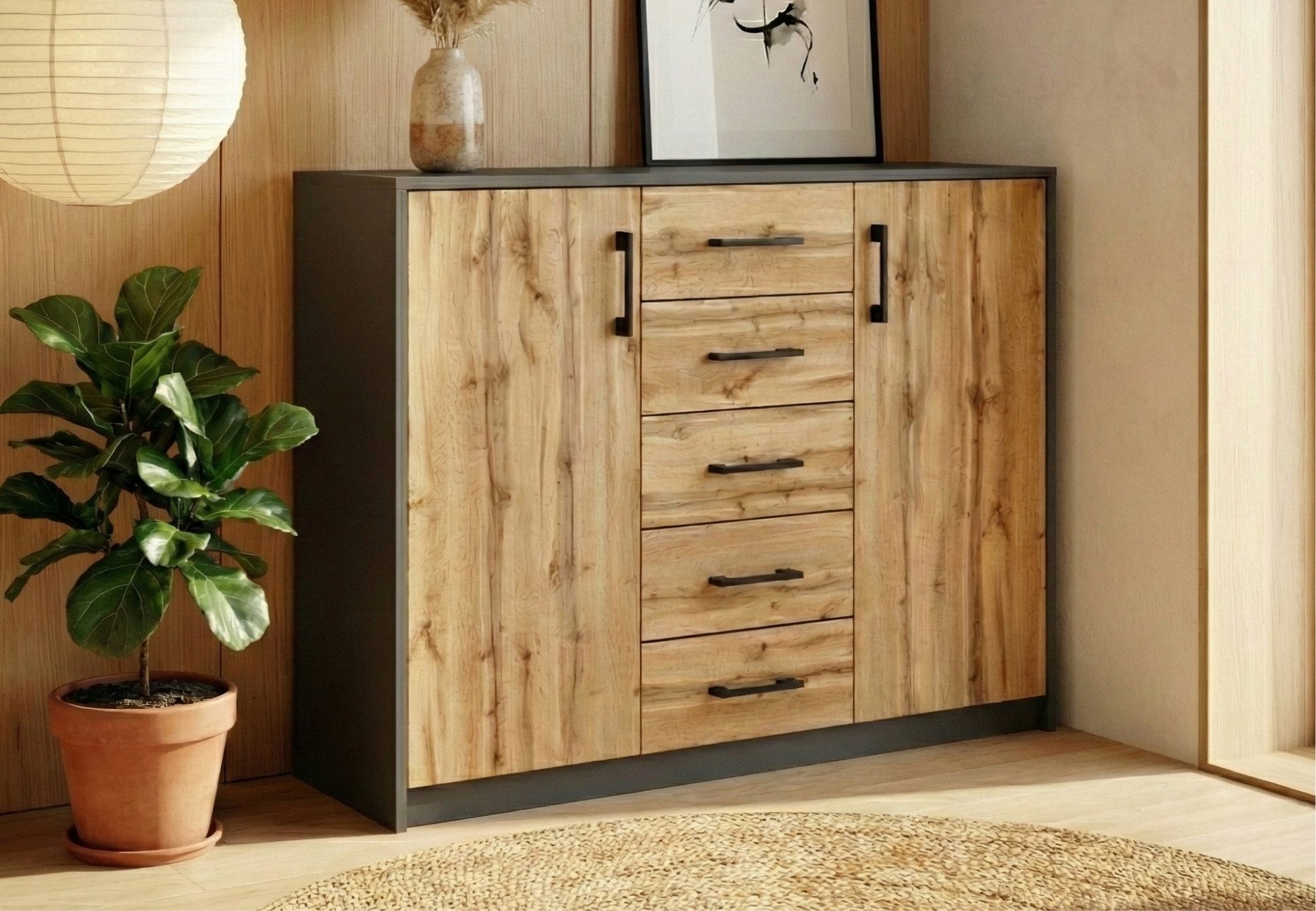 Home Collective Kommode mit 5 Schubladen und 2 Türen in matter Ausführung, Kommode 110cm breit (mit hochwertigen Polymergriffen, aus laminierter Platte gefertigt, Metallrollen mit Auszugsstopp), Holz Schrank Sideboard Highboard Kommode mit Schubladen graphit Eiche