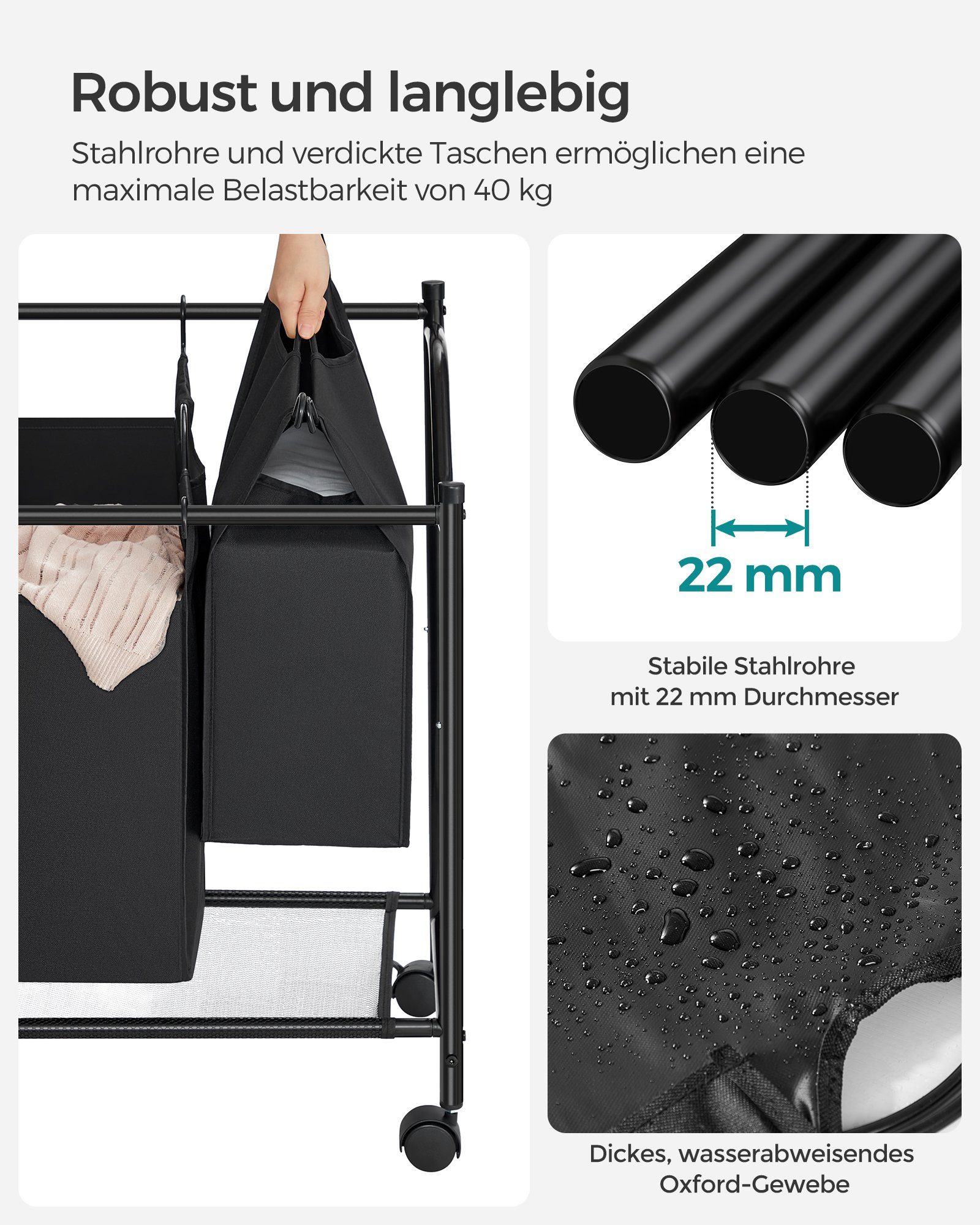 SONGMICS Wäschekorb, mit 4 abnehmbaren schwarz Stofftaschen, 35 4 x Rollen, L