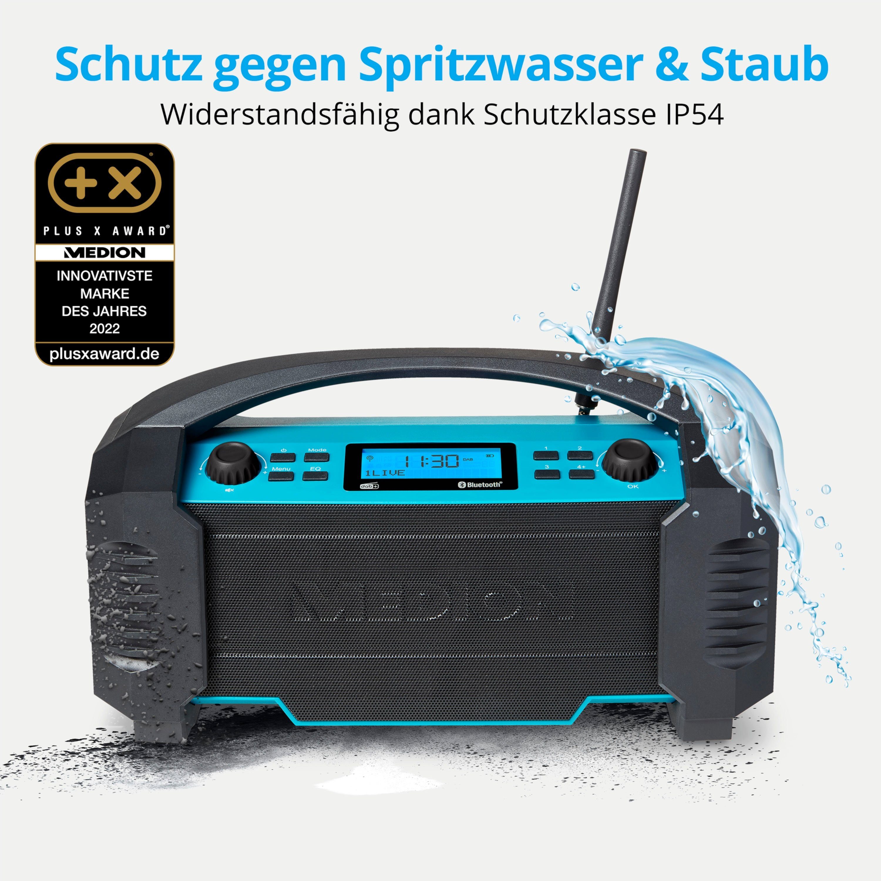 Medion® Baustellenradio MEDION® LIFE® E66050 (MD43320) Baustellenradio (AM/FM, DAB+, MW/UKW, 15 W, Ca. 15 Stunden Akkulaufzeit, IP54-Schutz, Bluetooth 5.0, LCD-Display)