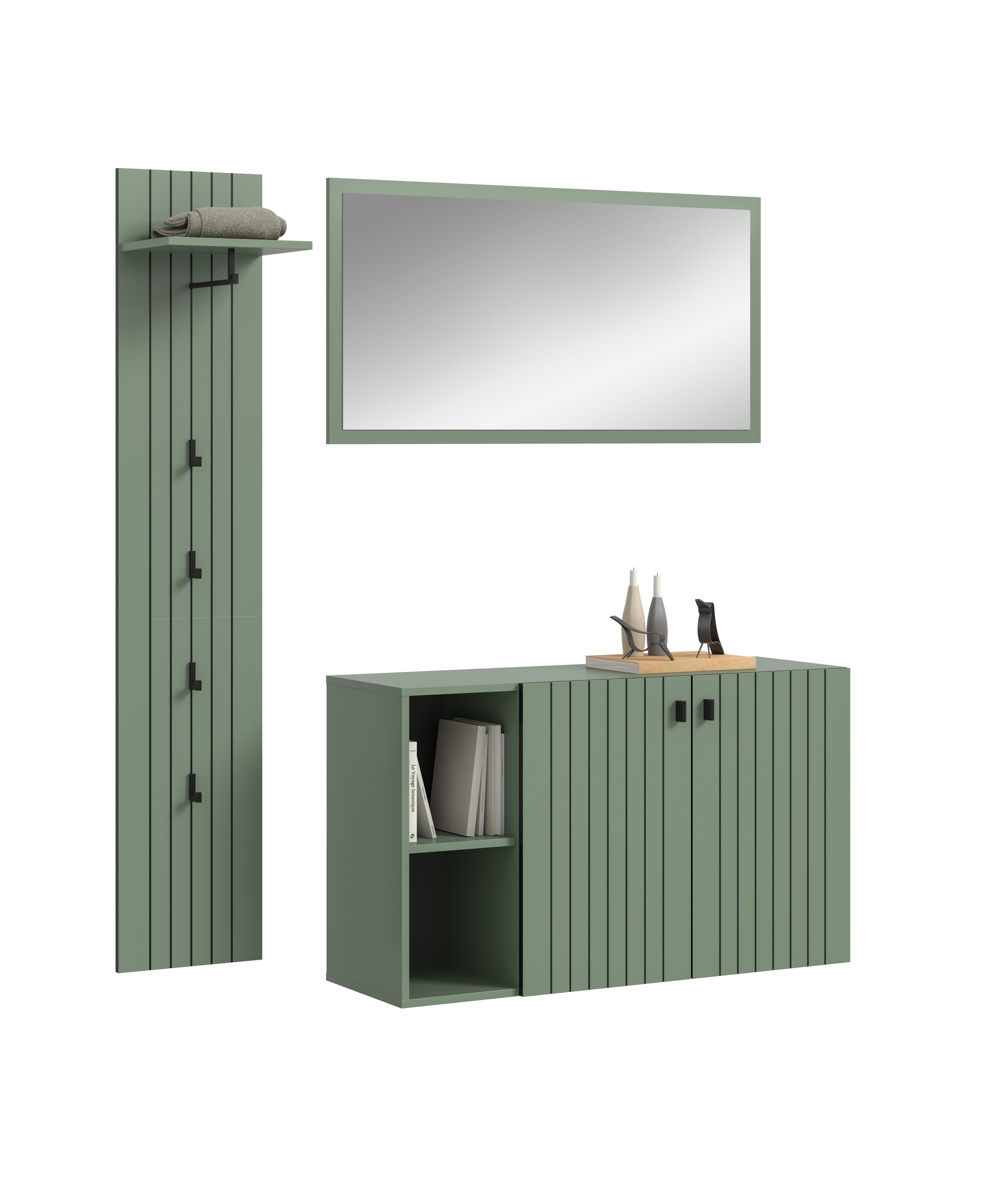 furnling Garderoben-Set Stalon, (3-St., Garderobenpaneel, Schuhkommode, Spiegel), mit Rillenfräsung in Paneeloptik, Smoke Green, Breite 152 cm