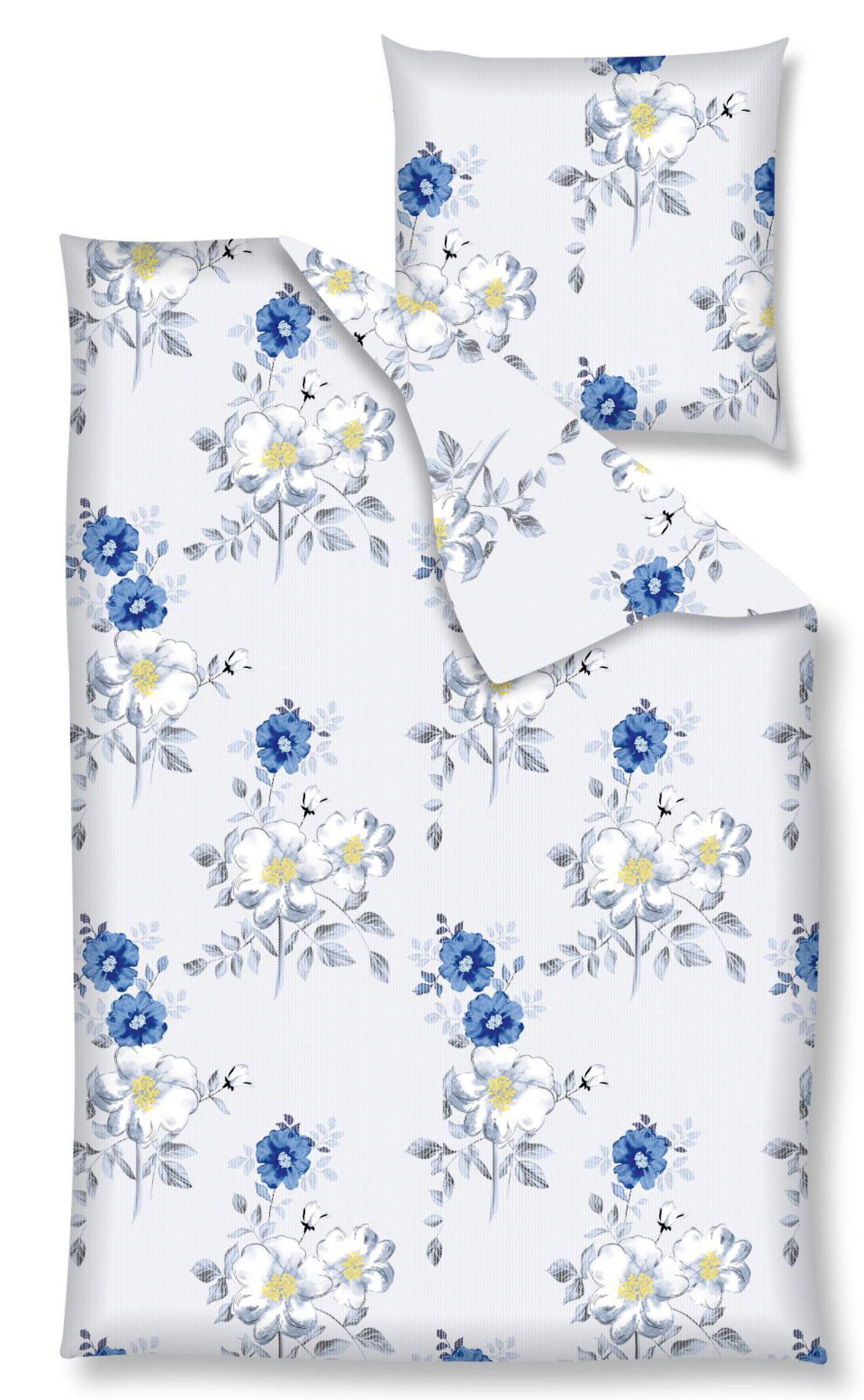 Nanette Bettwäsche Baumwolle, Renforcé, 2 teilig, blaue und weiße Blumen auf hellgrauem Hintergrund