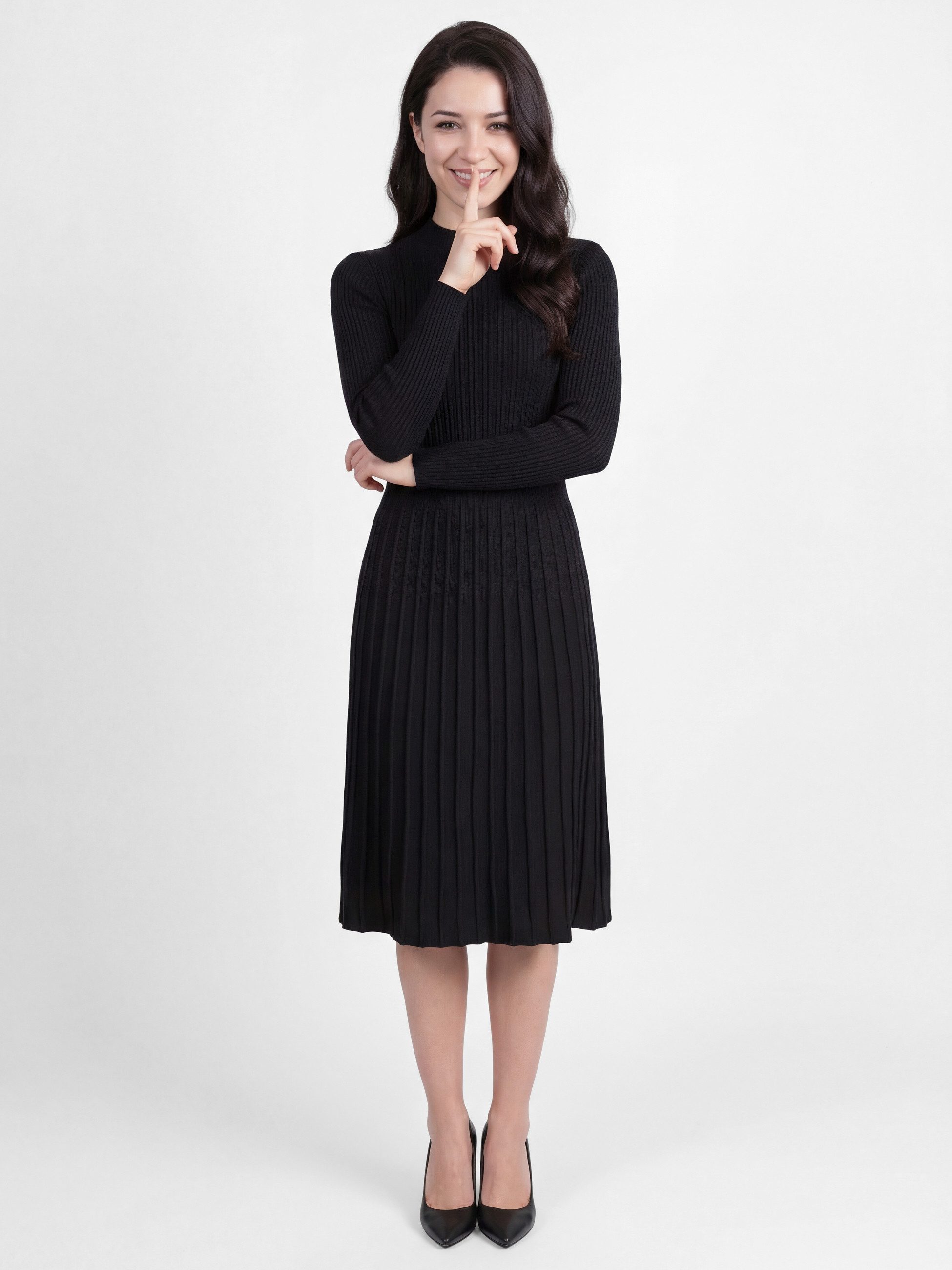 PEKIVESSA Strickkleid Midikleid tailliert weicher Strick mit ausgestelltem Rockteil – Bild 4 von 5