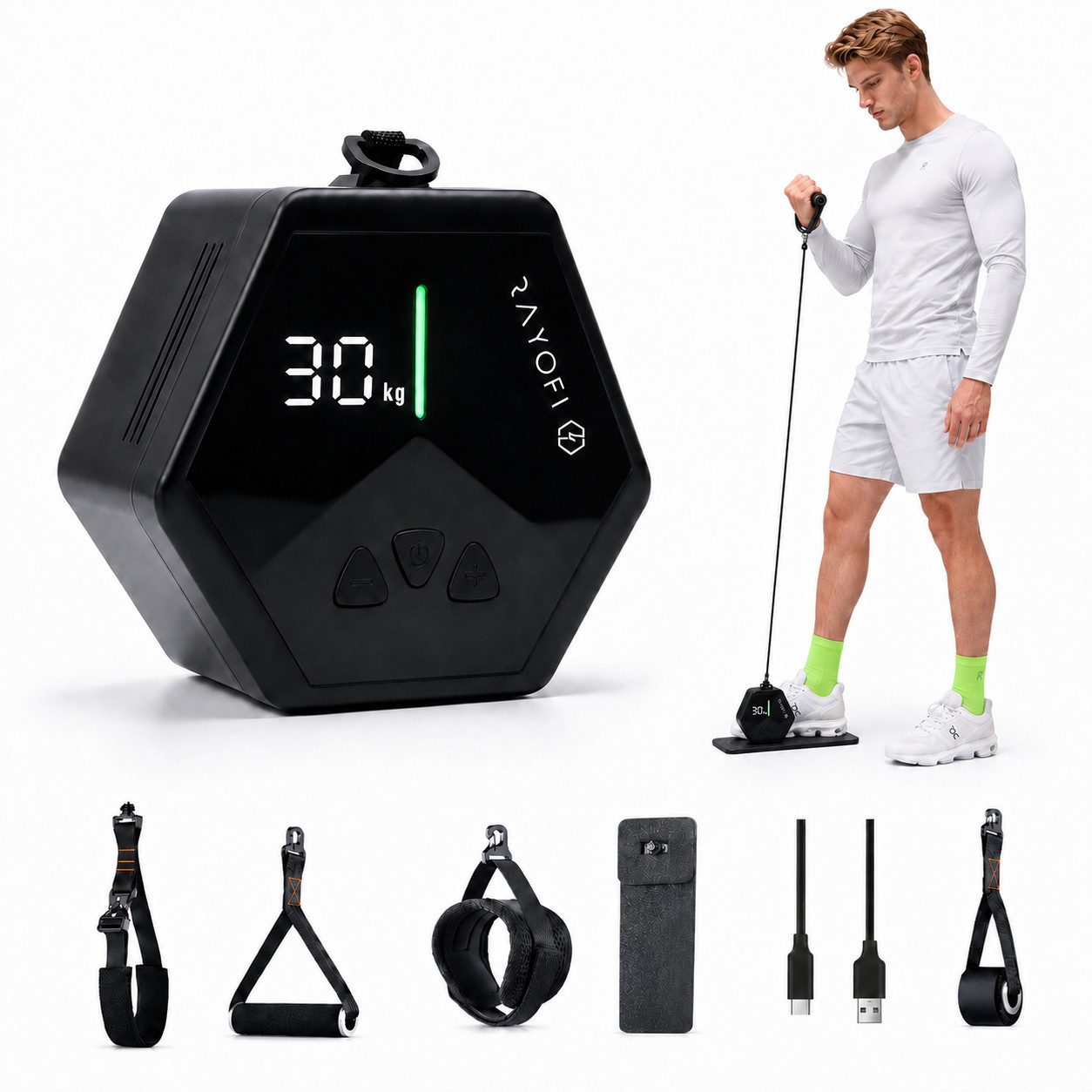 Rayofi Kraftstation Upgrade Mobiler Kabelzug 3–30 kg für Rücken & Ganzkörpertraining, 0 Gewichtsblöcke (1-tlg., Türanker, Fußschlaufe, Pro-Bodenplatte, Handgriff), Lüfterkühlung, Butterfly, Latzug & Bizeps Home Gym mit App