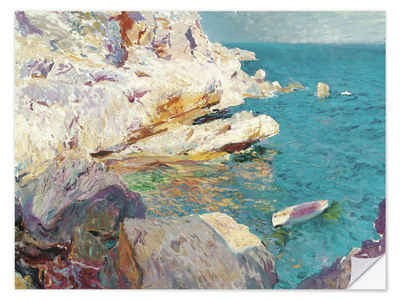 Posterlounge Wandfolie Joaquín Sorolla y Bastida, Felsen von Jávea und weißes Boot, Badezimmer Maritim Malerei