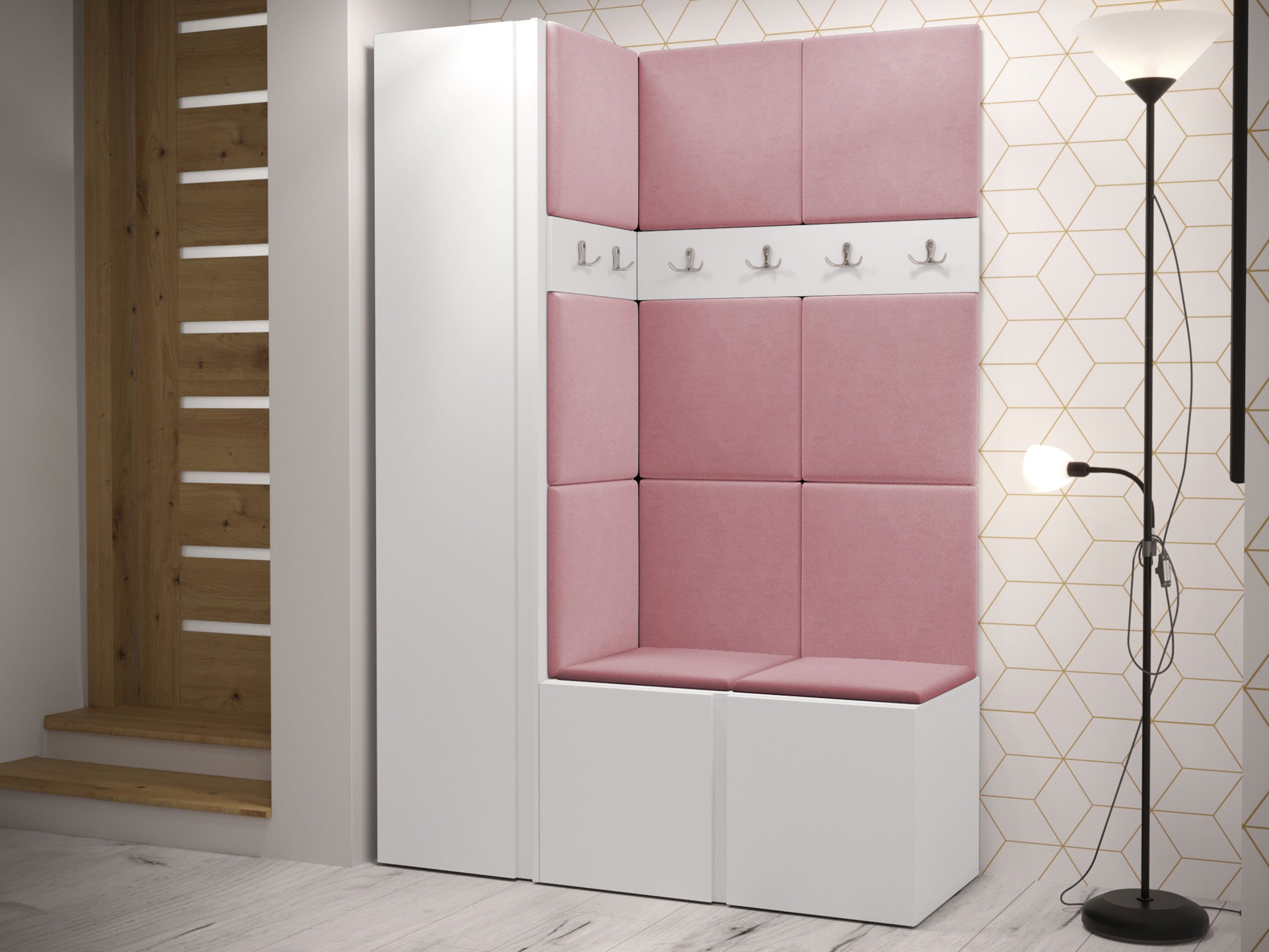 MIRJAN24 Garderoben-Set Orion IX, (Komplett-Set, mit Schuhschrank, Schrank, 2x Kleiderhakenbrett, Paneel 11x 42x42), Auswahl aus Fronten und Polsterplatten