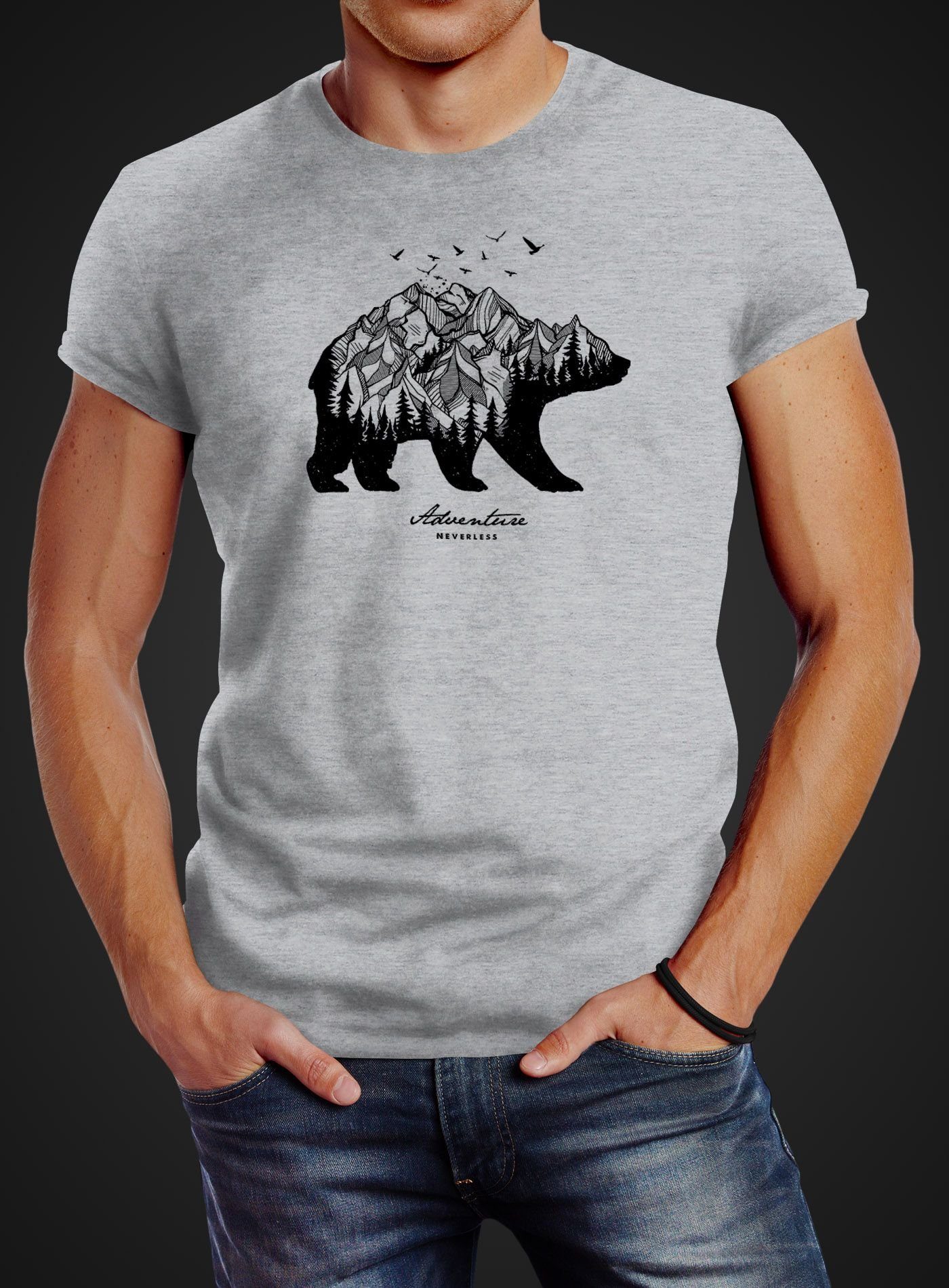 Slim Neverless Neverless® T-Shirt Abenteuer Adventure mit Bär Wald Print grau Berge Mountains Print-Shirt Herren Bear Fit