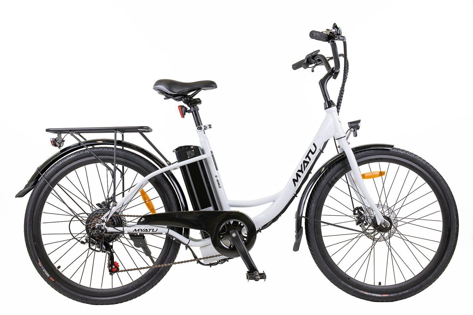 Myatu E-Bike »26 Zoll E- Cityfahrrad Damenfahrrad mit  tiefeinsteiger-Rahmen«, 6 Gang, Hinterradmotor 250,00 W, Reichweite von bis  zu 100km