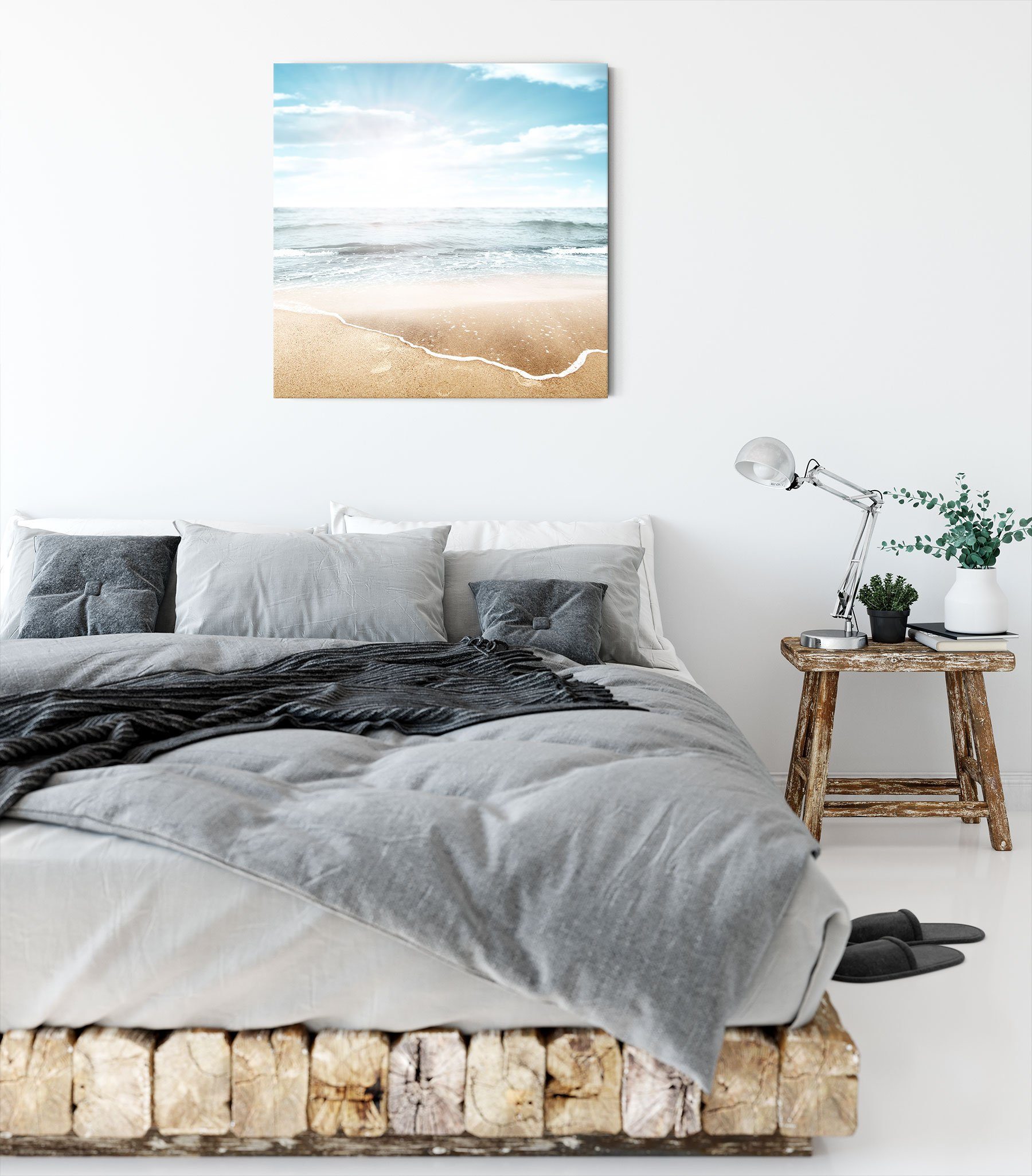 Sandstrand, Sandstrand bespannt, Wunderschöner Wunderschöner Zackenaufhänger Pixxprint inkl. weißer St), Leinwandbild (1 weißer fertig Leinwandbild