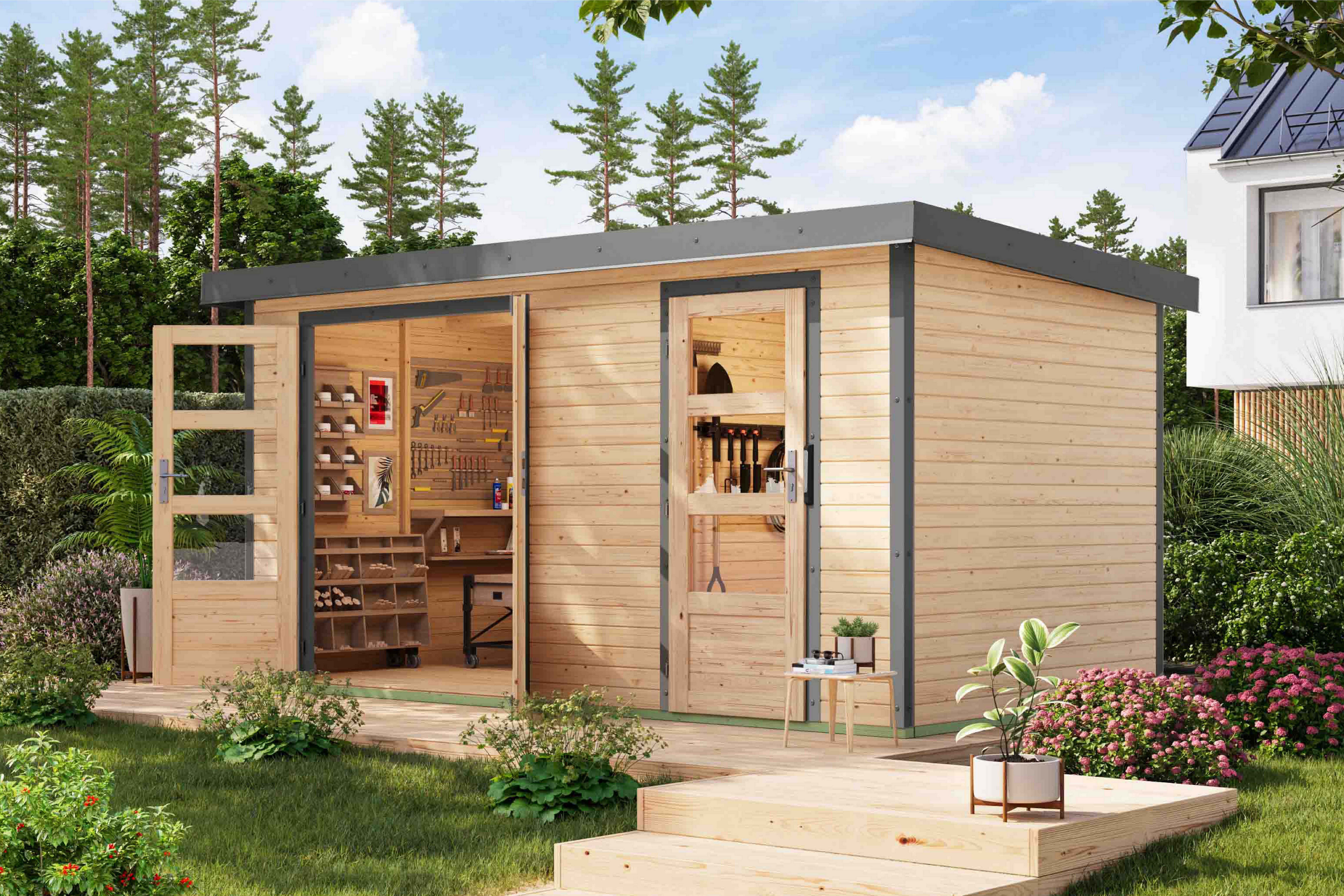 Karibu Gartenhaus Merkurino, in verschiedenen Farben, BxT: 431,5x235 cm