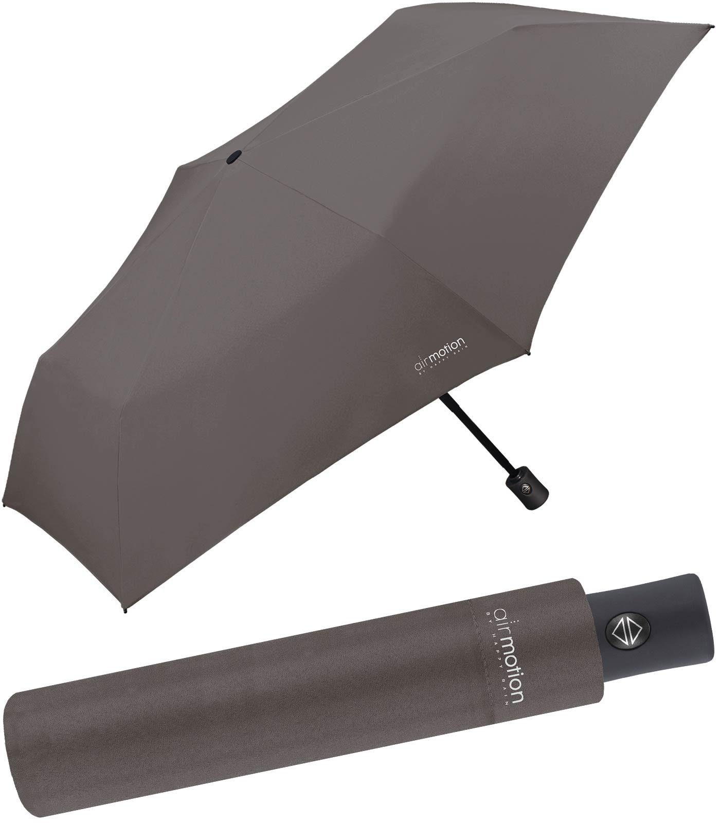HAPPY RAIN Taschenregenschirm Air Motion - 174 g Auf-Zu-Automatik superleicht, leichtester vollautomatischer Minischirm - perfekt für Gepäck und Handtasche braun