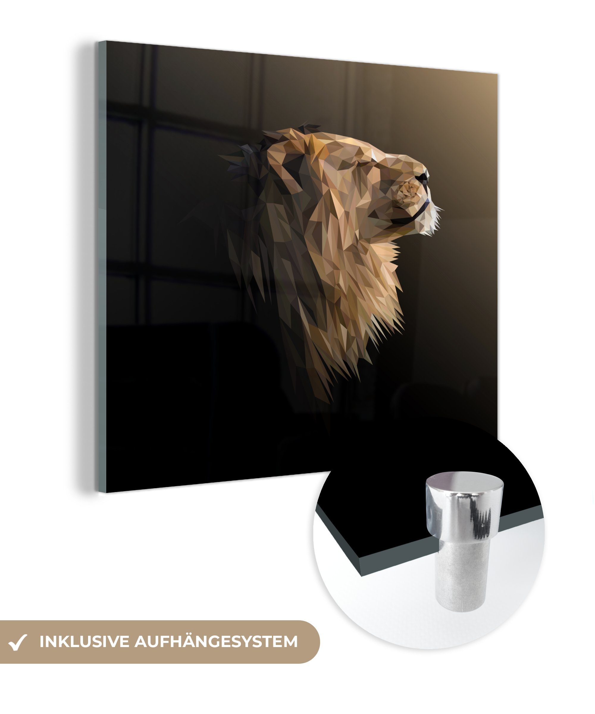 MuchoWow Acrylglasbild Löwen - Illustration - Geometrisch, (1 St), Glasbilder - Bilder auf Glas Wandbild - Foto auf Glas - Wanddekoration