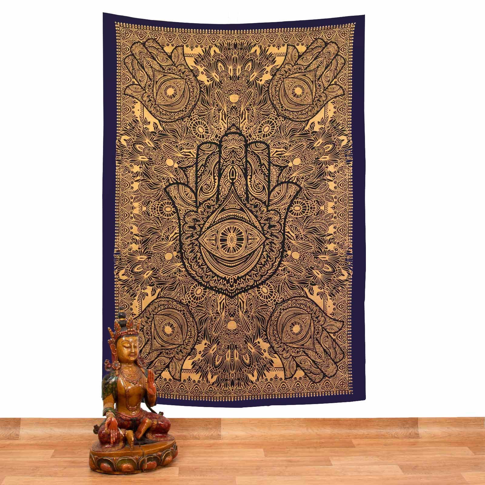 KUNST UND MAGIE Wandteppich Tagesdecke Wandbehang Deko Tuch Goldene Hamsa Hand ca. 200 x135cm