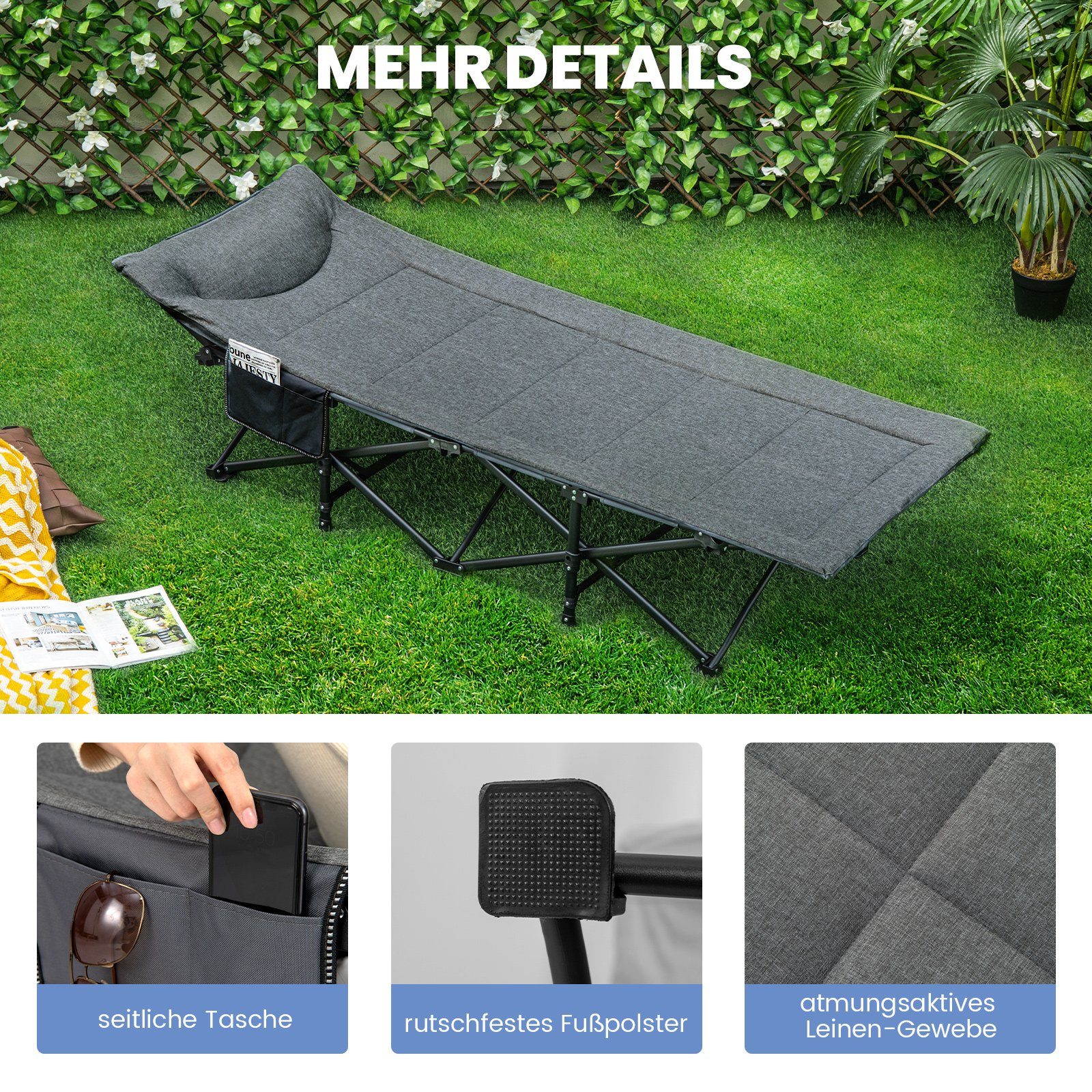 COSTWAY Feldbett Campingbett mit Seitentasche & Kopfstütze