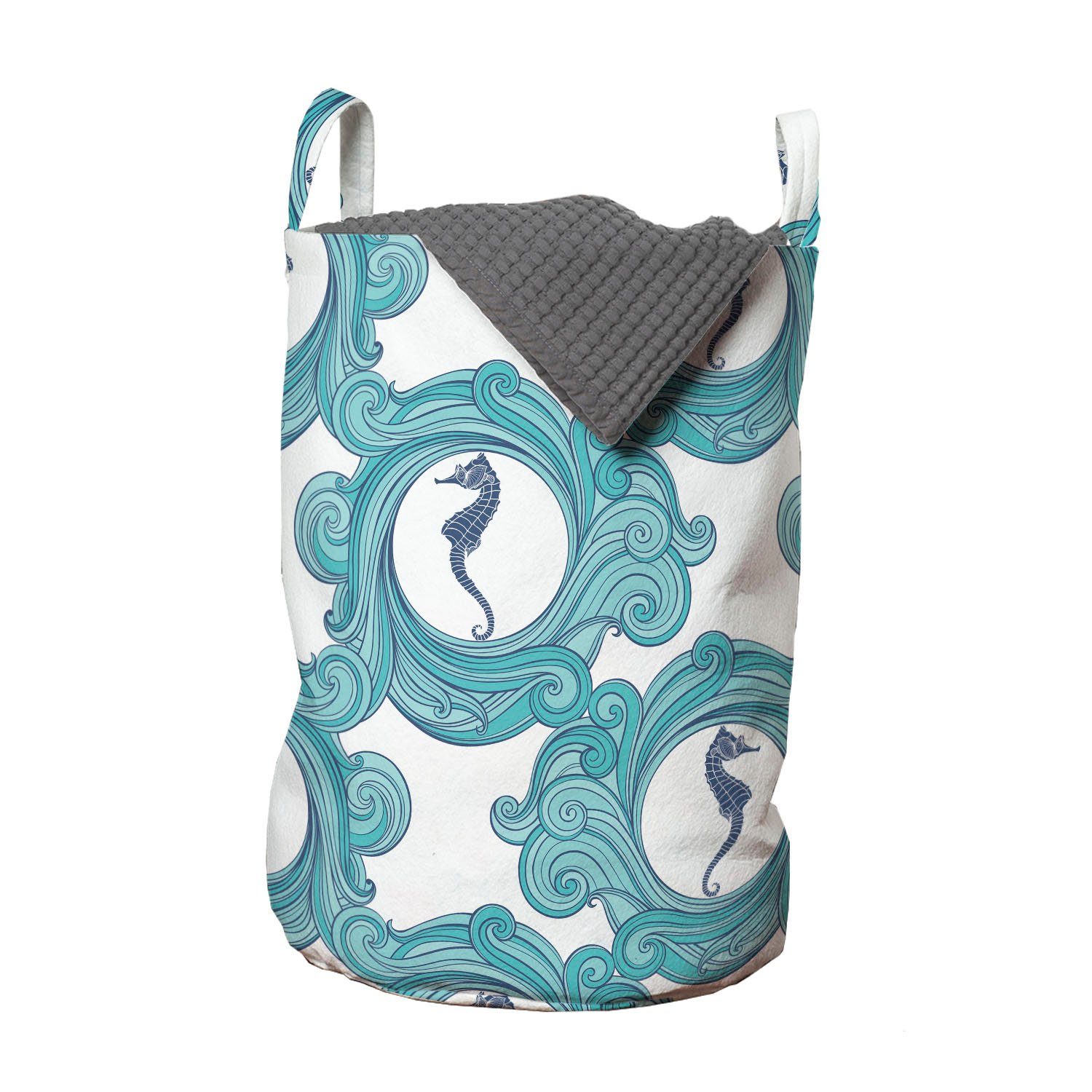 Abakuhaus Wäschesäckchen Wäschekorb mit Griffen Kordelzugverschluss für Waschsalons, blau Wasser Seepferde auf Rounds