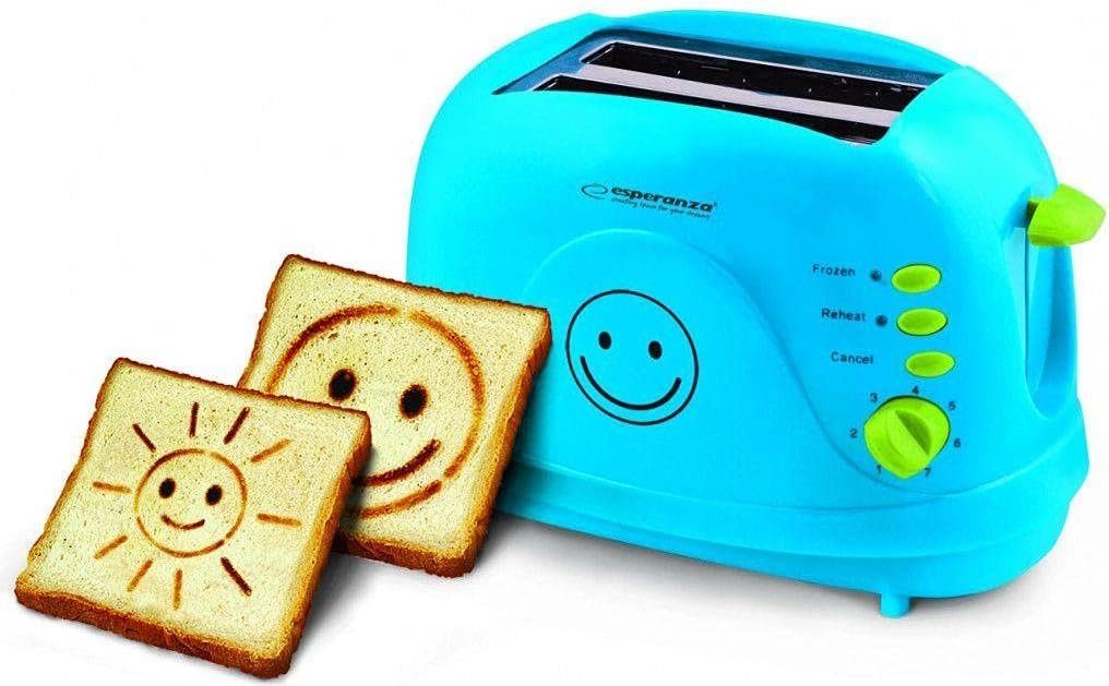 Esperanza Toaster Toaster 2 Scheiben mit SMILEY Bild Muster und Timer, 2 lange Schlitze, Bräunung & Auftauen & Erneutes Erhitzen/Wiederaufwärmen blau