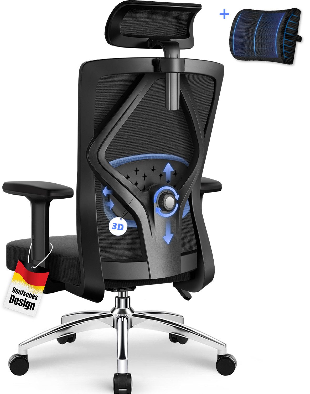 Lexzurn Bürostuhl Bürostuhl ergonomisch, Schreibtischstuhl 3D Memory-Schaum Lendenstütze (Wippfunktion bis 135°, Bis 200kg Belastar, Atmungsaktiv Mesh), Höhenverstellbarer Chefsessel Drehstuhl