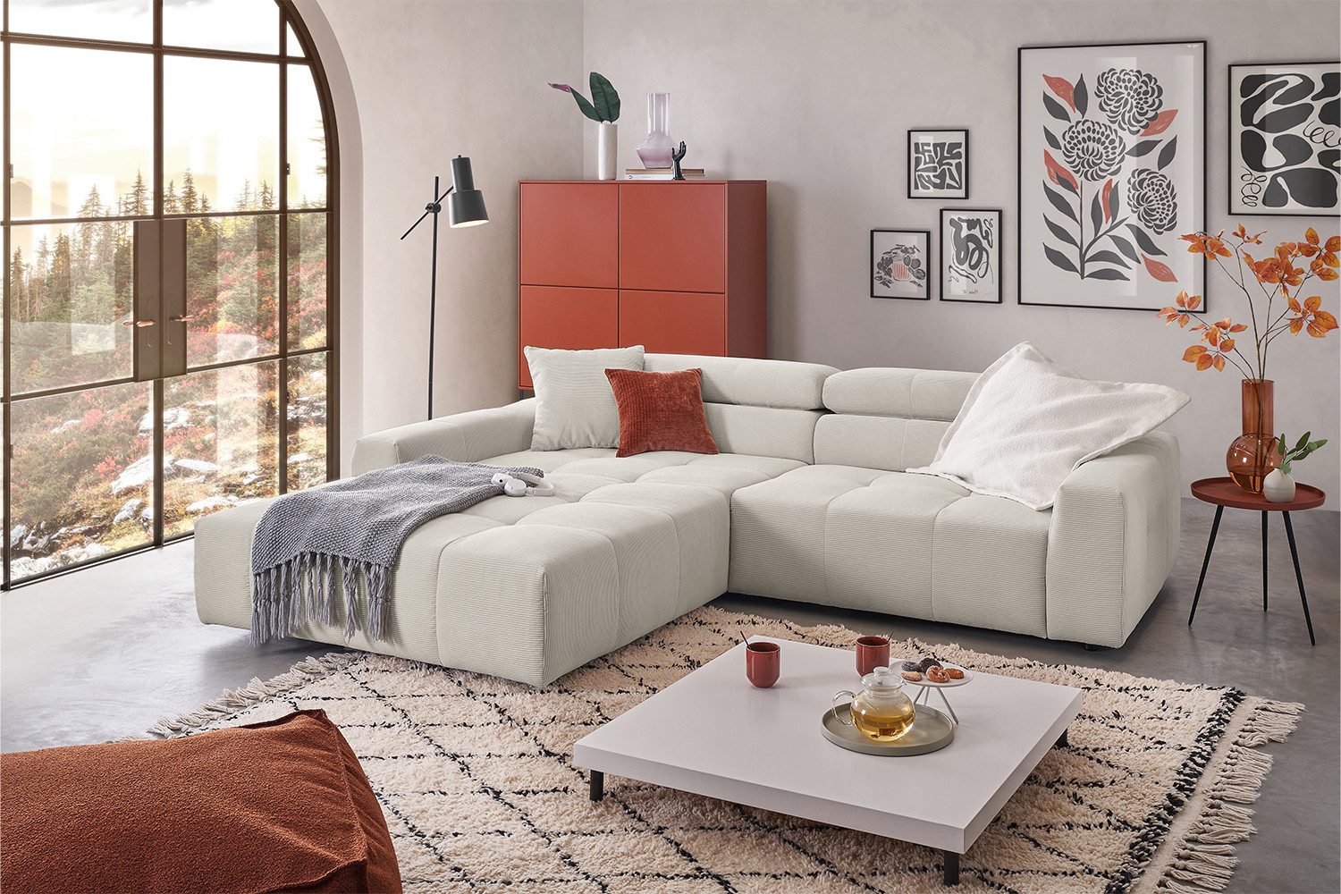 KAWOLA Ecksofa RENO, L-Form rechts oder links, mit oder ohne Sitzvorzug Feincord 258x217 cm