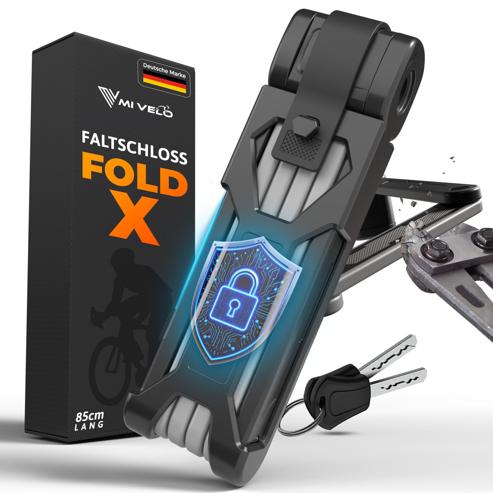 MIVELO Faltschloss hohe Sicherheit, Fahrradschloss mit Schlüssel inkl. Halterung 85 cm, 8 mm Carbonstahl Glieder