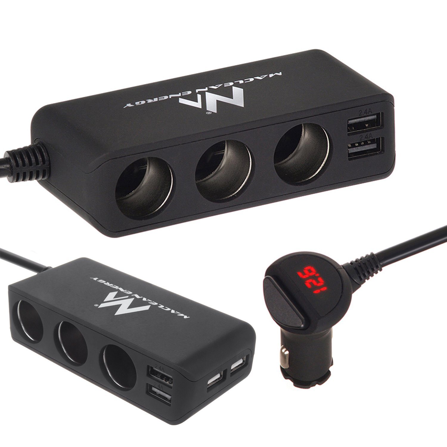 Maclean Zigarettenanzünder-Verteiler MCE117 mit Voltmeter, 3 Steckdosen + 4 USB, Feuerzeugsteckdosenteiler 4,8A, 120W, Ein/Aus-Schalter