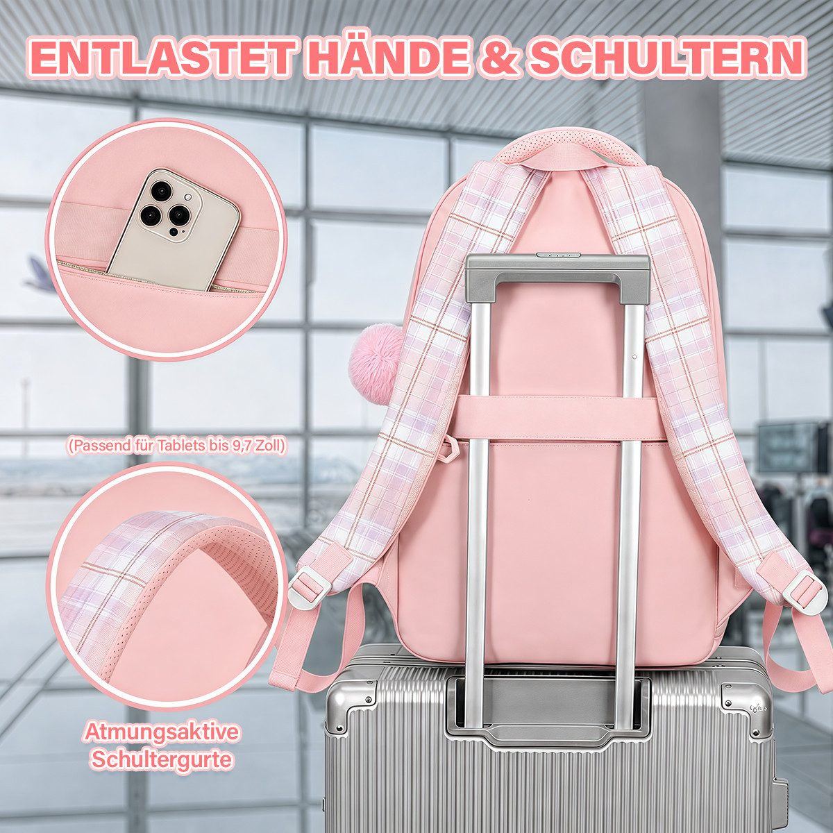 MOPUEA Schulrucksack Schulrucksack Set Schultasche 3-teilig mit Lunchtasche Federmappe (Set, 3-tlg., Atmungsaktiv Wasserabweisender), Leicht Schulrucksack Teena – Bild 5 von 5