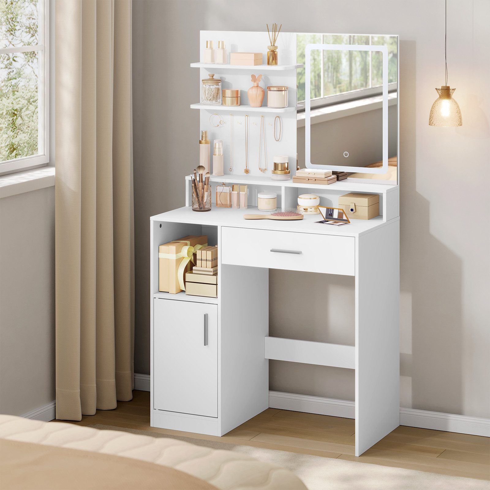 Woltu Schminktisch, mit Spiegel Ablagen Schublade Schließfach 3 Lichtfarben, Weiß