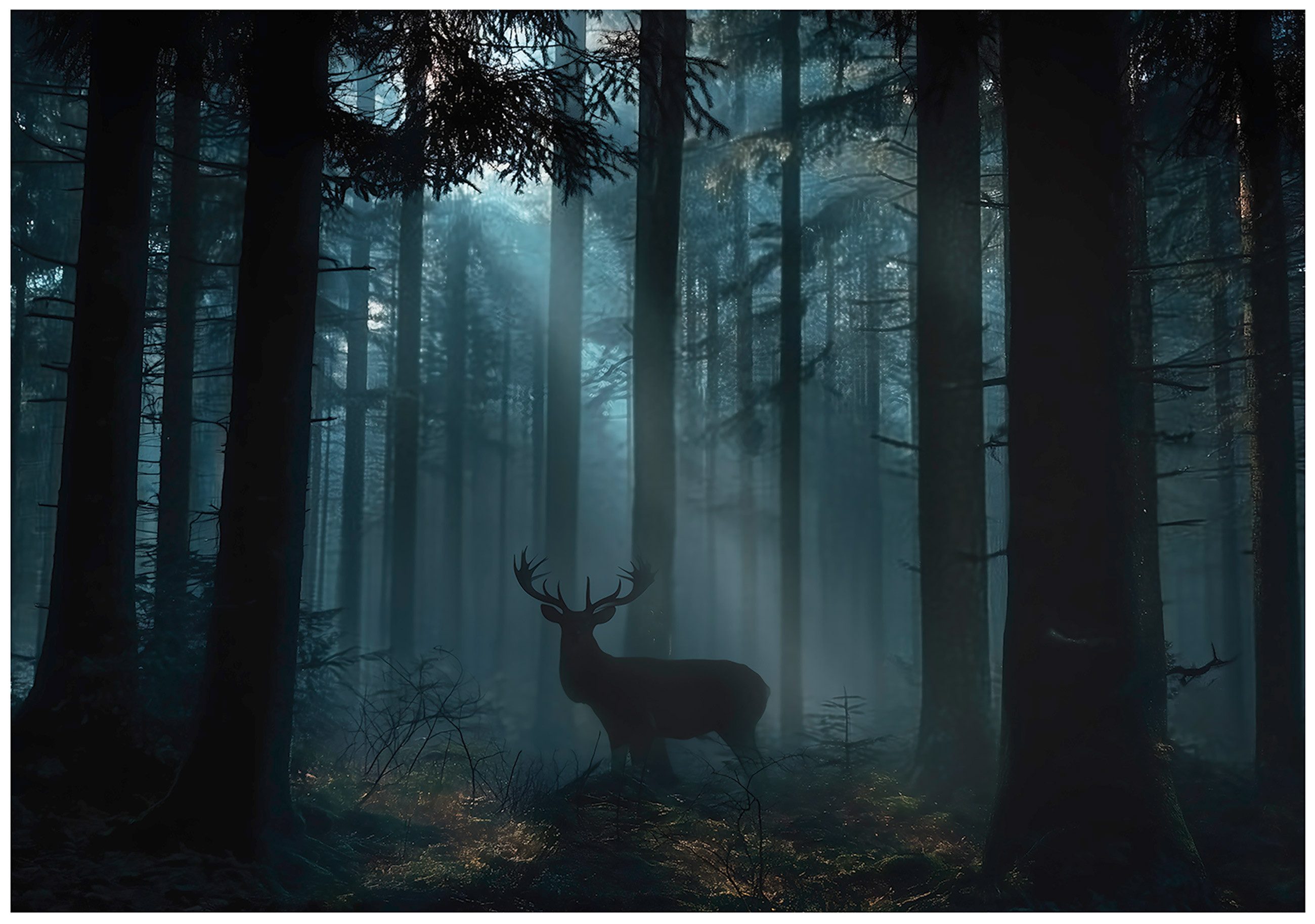 Wallarena Fototapete Wald Natur Baum Vlies Tapete Wohnzimmer Schlafzimmer Wandtapete, Glatt Vlies Washable, Wlad, Natur, Nacht, Hirsch, Tiere, Nebel, (Packung, 2 St., Vlies Fototapete), Vliestapete schwarz Wohnzimmer Schlafzimmer Küche Tapete + Kleister