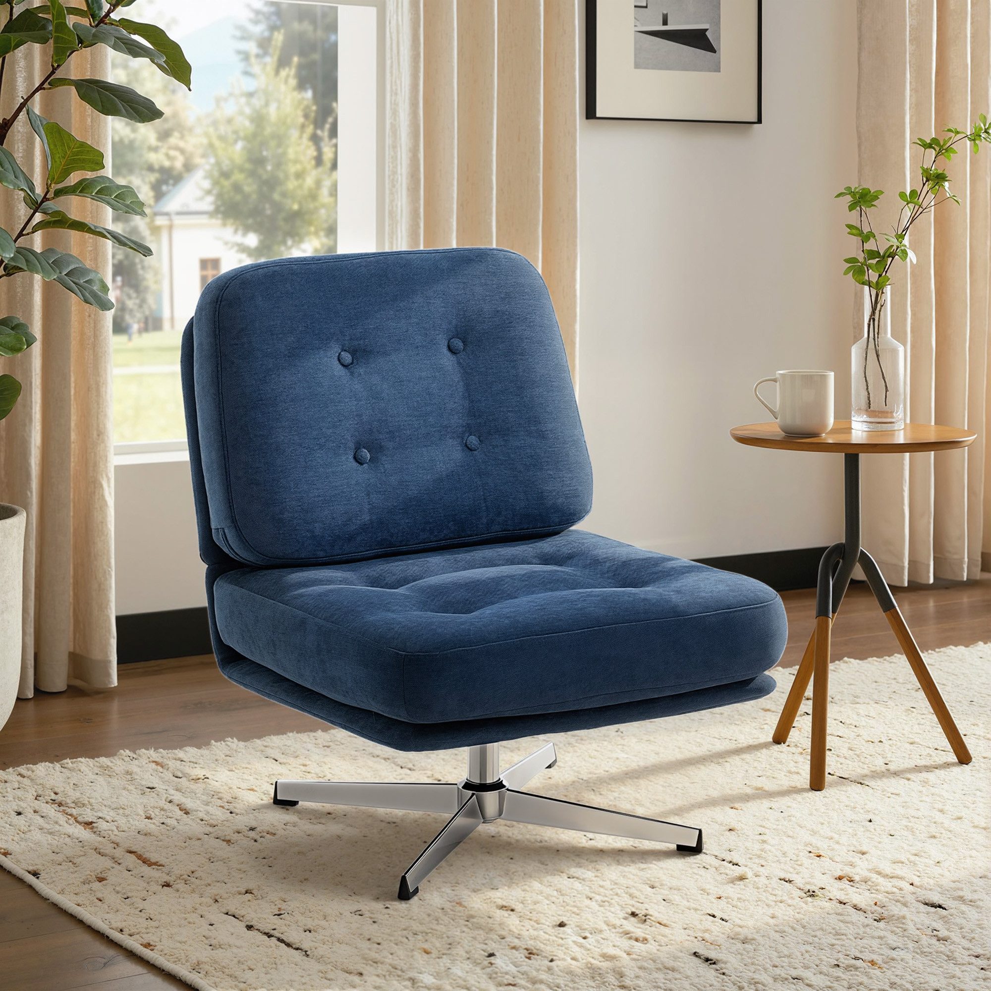 OKWISH Relaxsessel Drehbarer Akzentstuhl 70 x 87 x 84 cm, Lesesessel Chenille (1-St., Wohnzimmer Stuhl mit Metallbeinen, moderner Einzelsessel), Polstersessel mit Federkissen, breiter Sitz und weiche Sitzfläche Blau