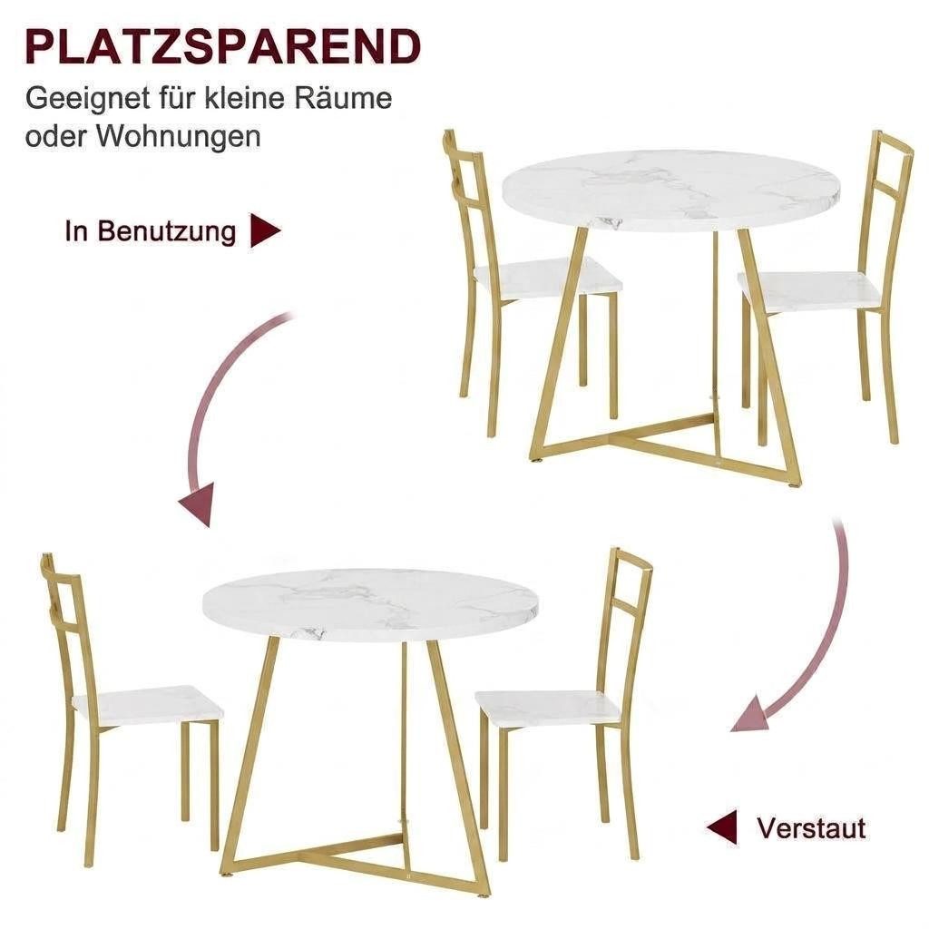 GarveeMore Essgruppe Esstisch mit 2 Stühlen,für Küche & Esszimmer, Runder Esstisch mit 2 Gepolsterter Sitz für kleinen Raum