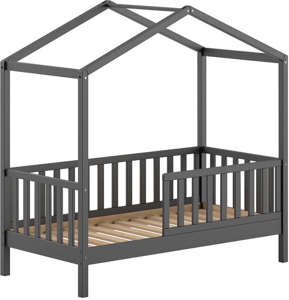 Vipack Hausbett Junior Hausbett 70/140, umlaufender Rausfallschutz, stabil gebaut (B/H/T ca. 148x150,6x75,8cm, in verschiedenen Farben erhältlich), inkl. Rolllattenrost und Dachaufbau