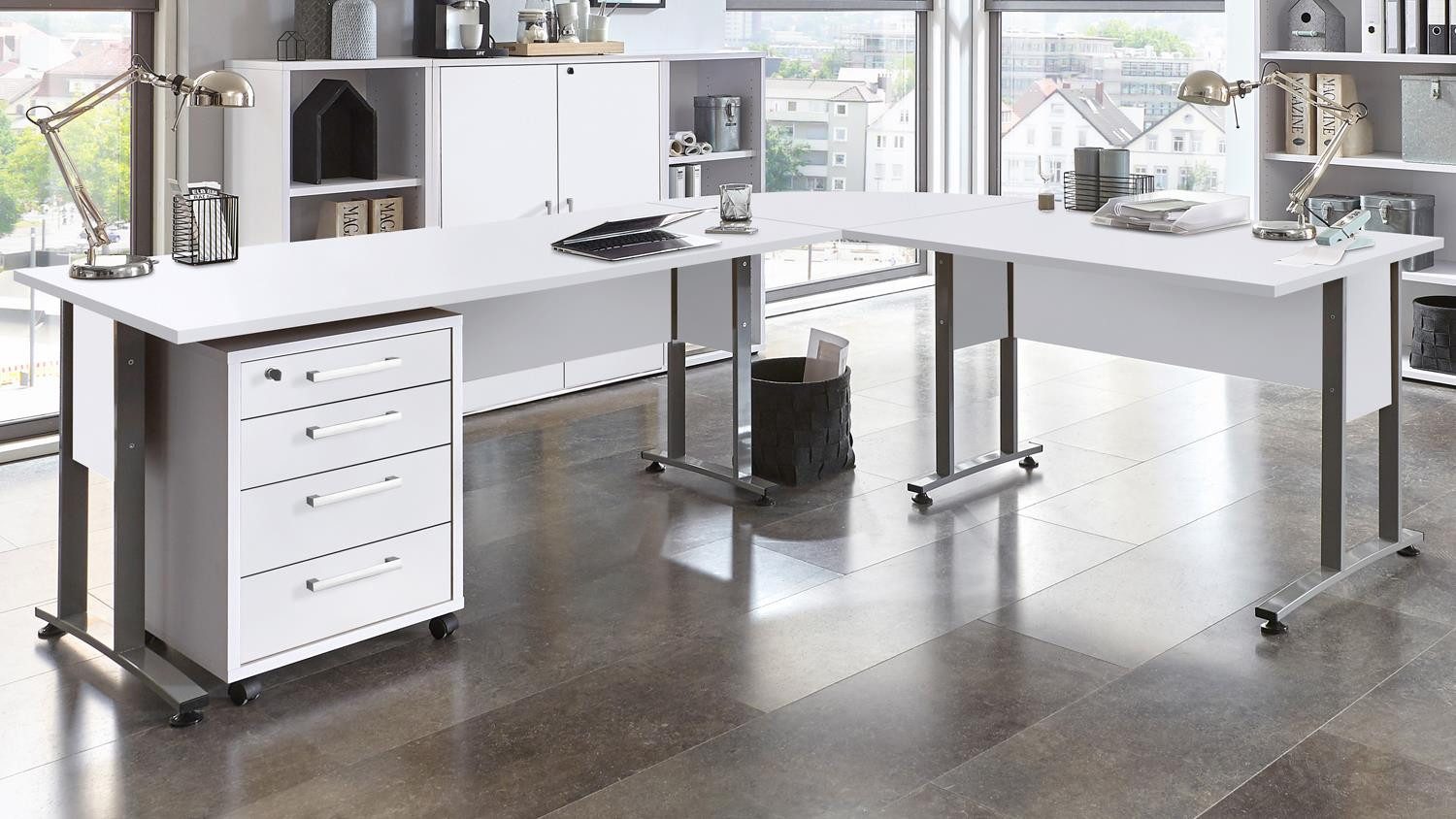 FMD Eckschreibtisch Winkelschreibtisch Calvia 240x200 cm weiß inkl. Rollcontainer