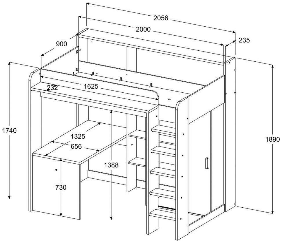 Parisot Hochbett Higher, mit Schreibtisch, Schiebetürenschrank, Regale oben und unten (Liegefläche 90x200cm,Maße (B/H/T: 206/189/138 cm), Betthöhe ca. 140 cm) maximaler Stauraum, breite Trittstufen, toll für kleine Räume!