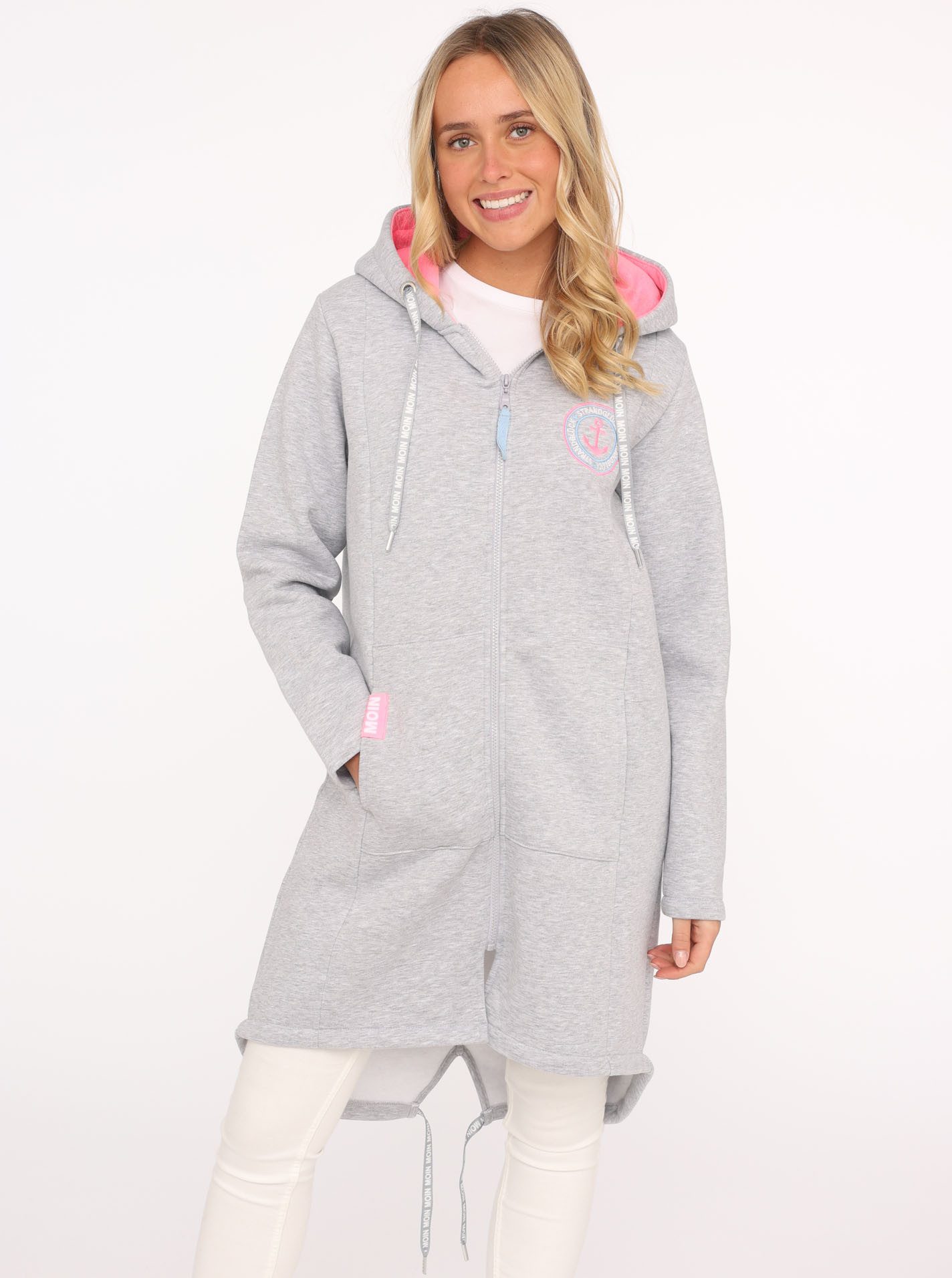 Zwillingsherz Jerseymantel "Küste Meer Moin" mit Kapuze, Taschen, Front und Backmotiv Küste Meer Moin