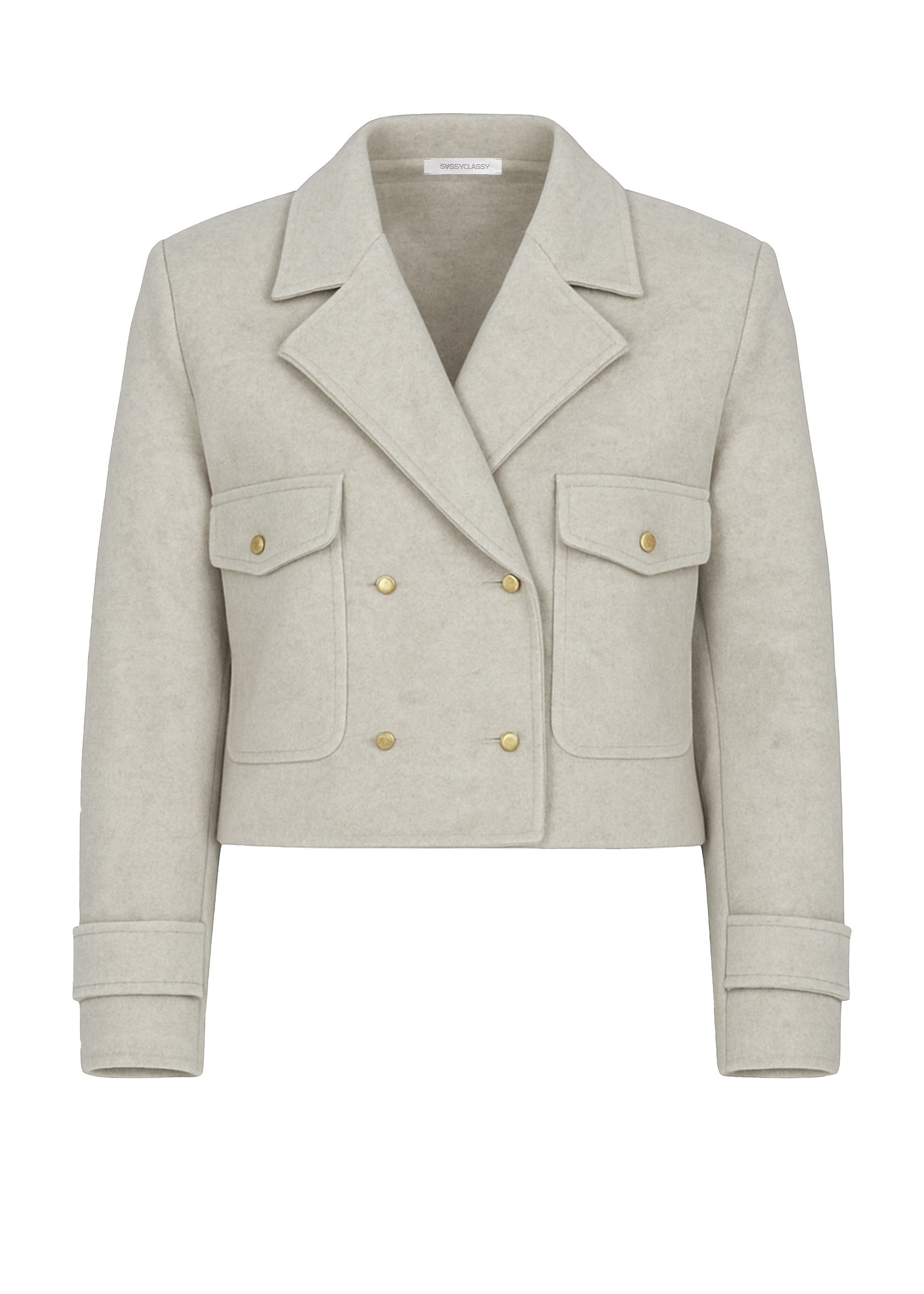 SASSYCLASSY Blusenjacke Kurze Jacke mit Reverskragen für Damen Moderne Übergangsjacke mit Pattentaschen und dekorativem Ärmelriegel