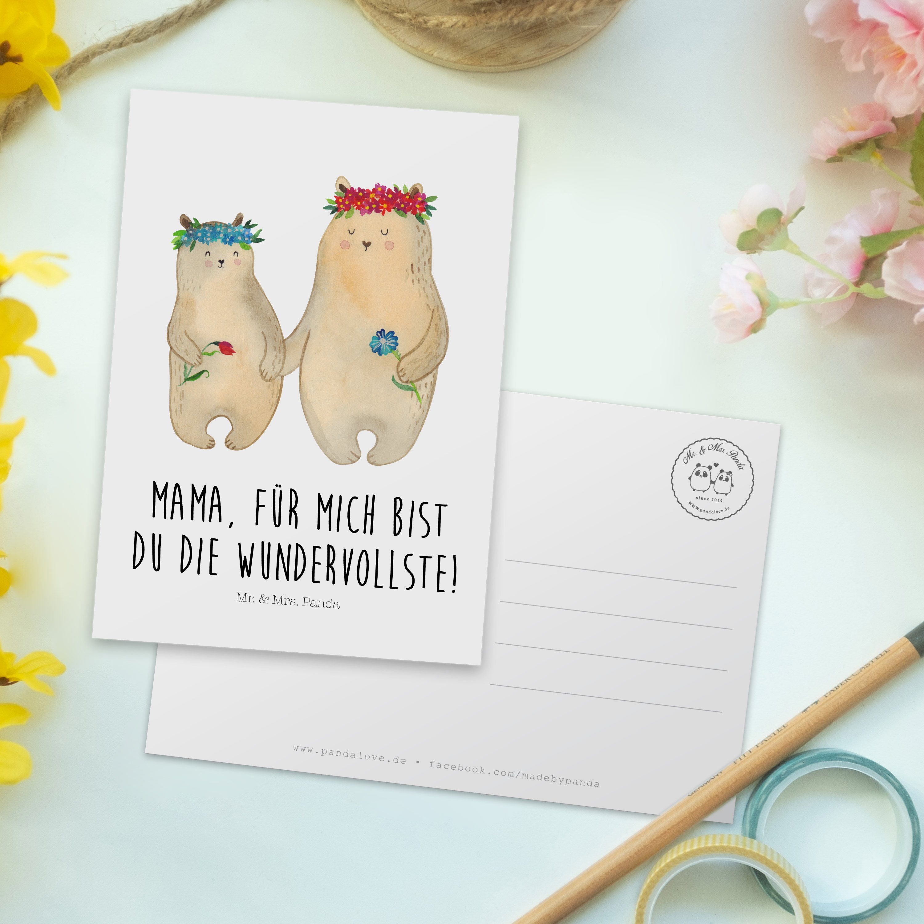 Liebling Mrs. Geschenk, Mr. Weiß Panda & Postkarte Tochter, - Grußkarte, mit Blumenkranz Bären -
