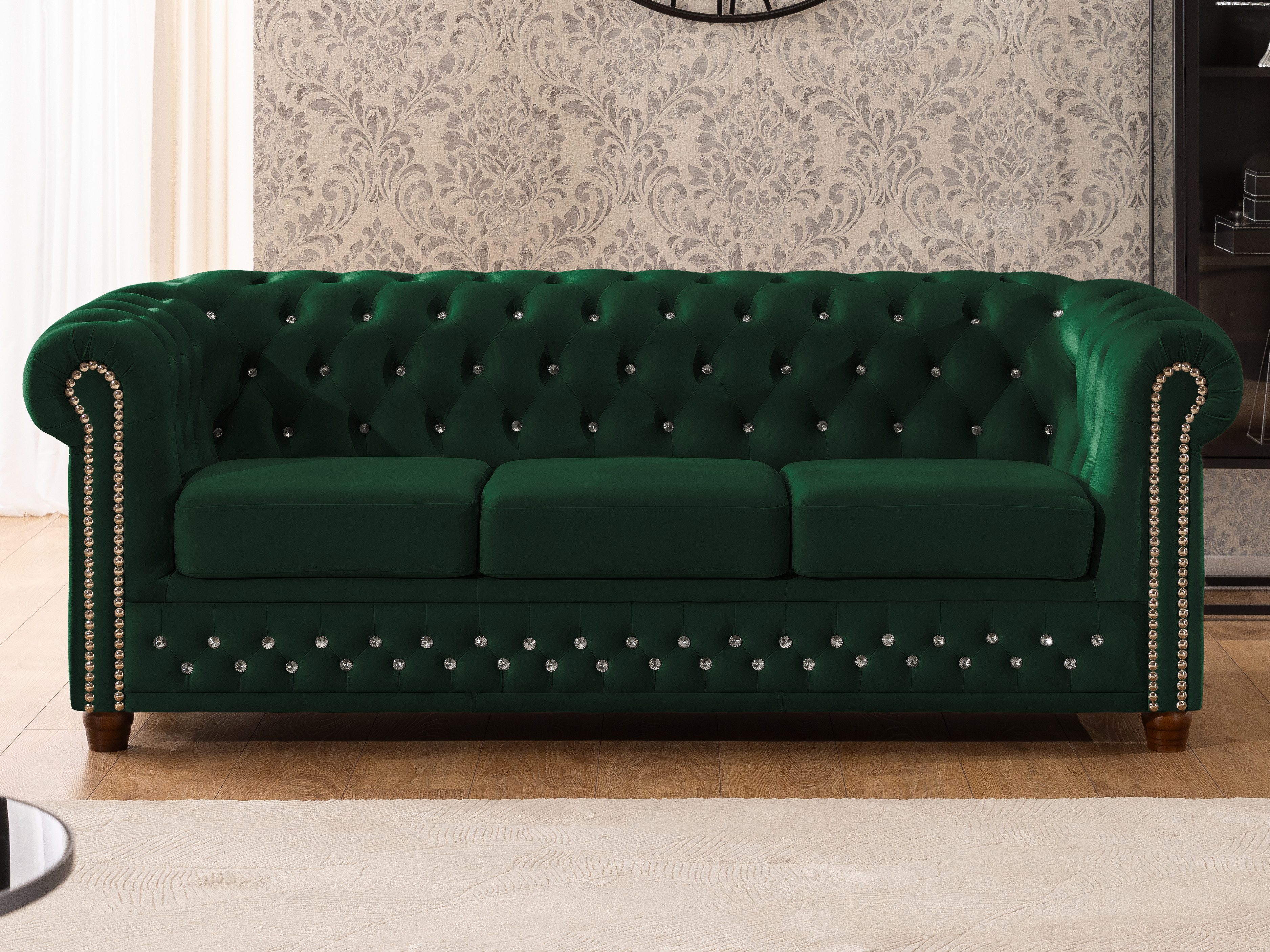 S-Style Möbel Chesterfield-Sofa 3-Sitzer Cleo Blink aus Samt mit Kristallsteppung und Massivholzfüßen, mit Wellenfederung
