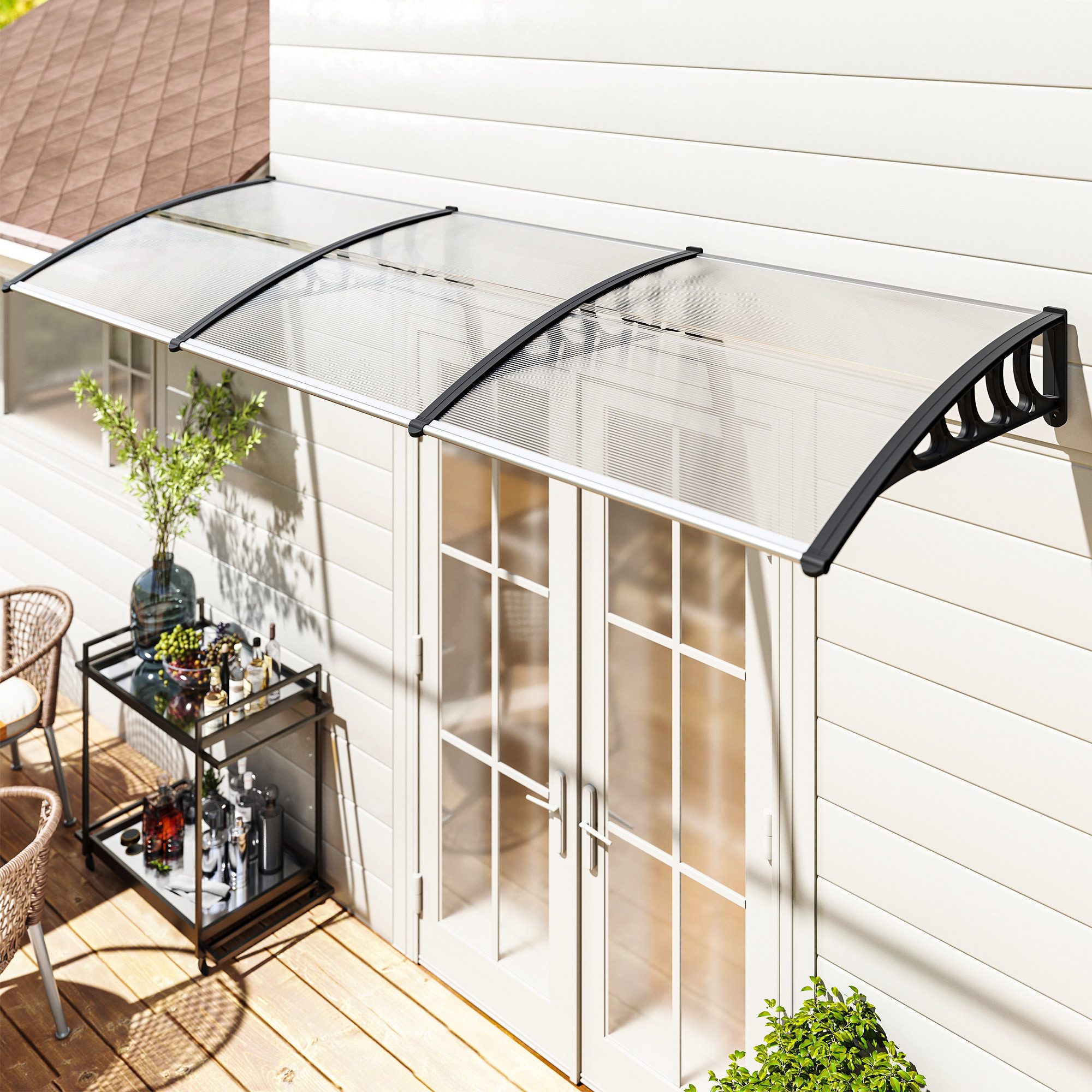 Outsunny Pultvordach für Haustür mit UV Schutz, Aluminium-Verbindungstangen, Schwarz (Regenschutz, 1 St., Vordach), für Garten, Balkon, Schwarz