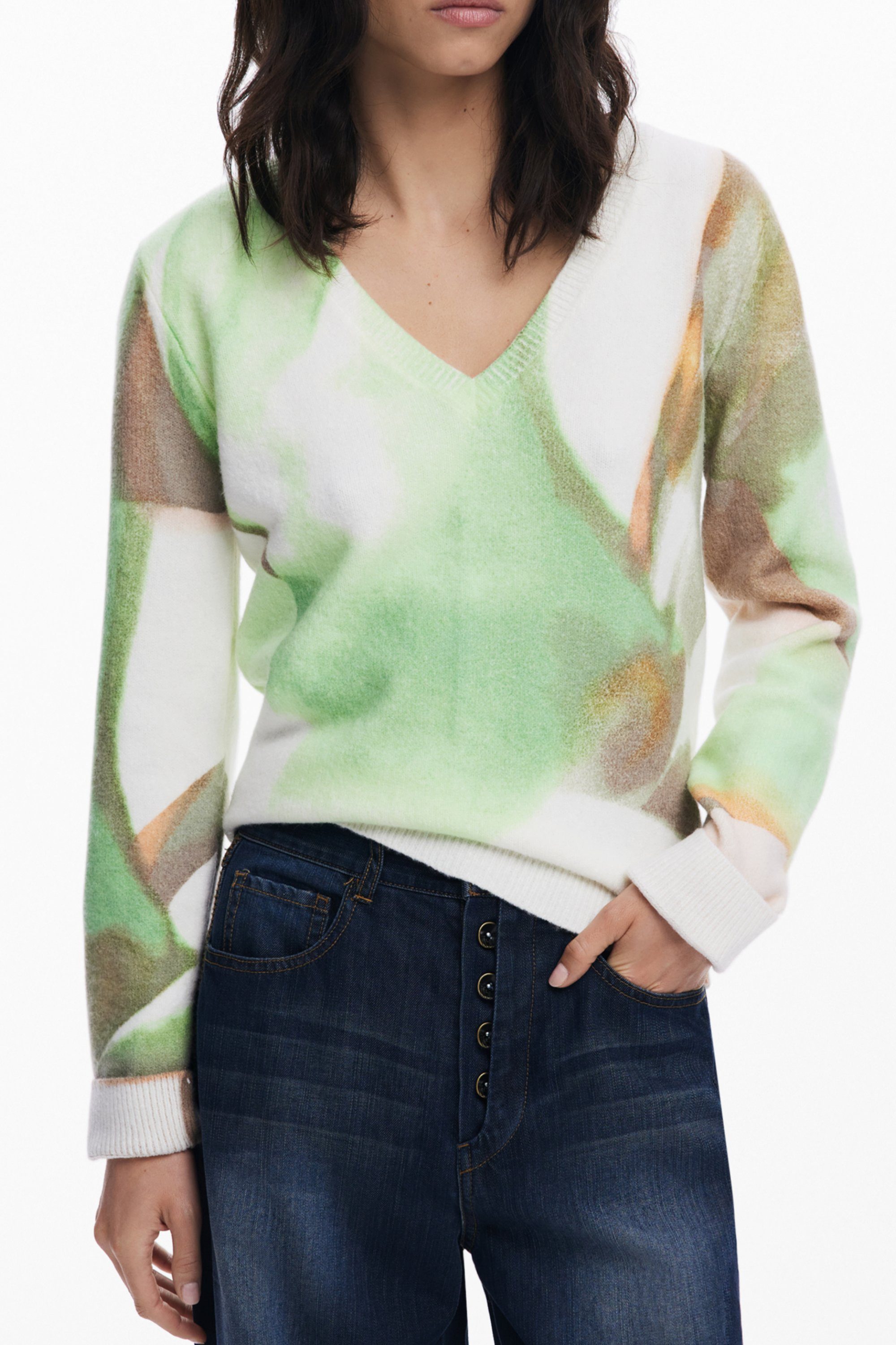 Desigual Strickpullover Damen Langarmshirt mit Fantasiemuster und V-Ausschnitt in Grün