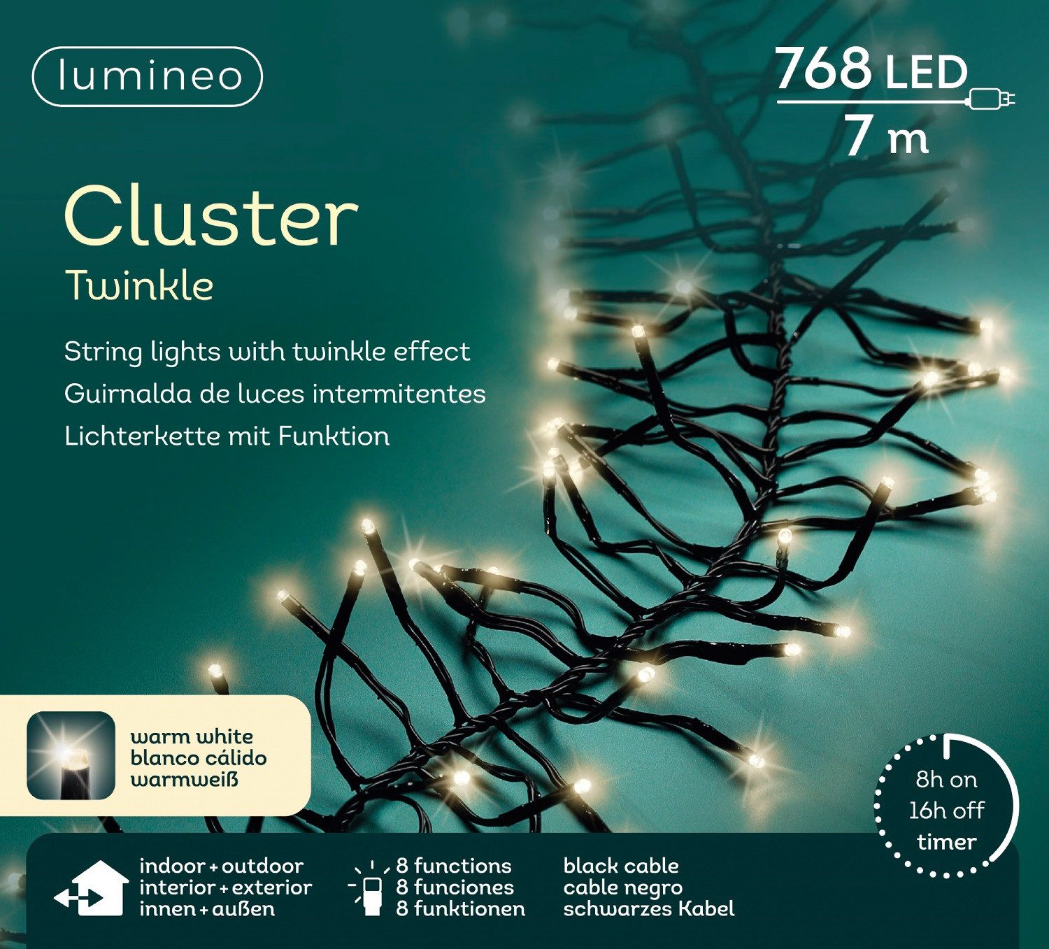Lumineo LED-Lichterkette Lumineo Lichterkette CLUSTER TWINKLE 768 LED 7 m warm weiß, schwarz, Indoor/Outdoor, 8 Effekte, 8h-Timer, + 5 Meter Zuleitung