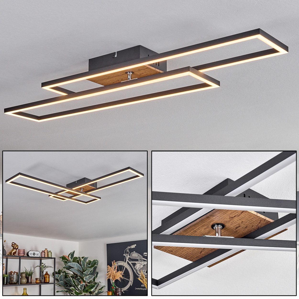 hofstein Deckenleuchte Deckenlampe aus Metall/MDF/Kunststoff in Schwarz/Holzfarben/Weiß, LED wechselbar, 3000 Kelvin